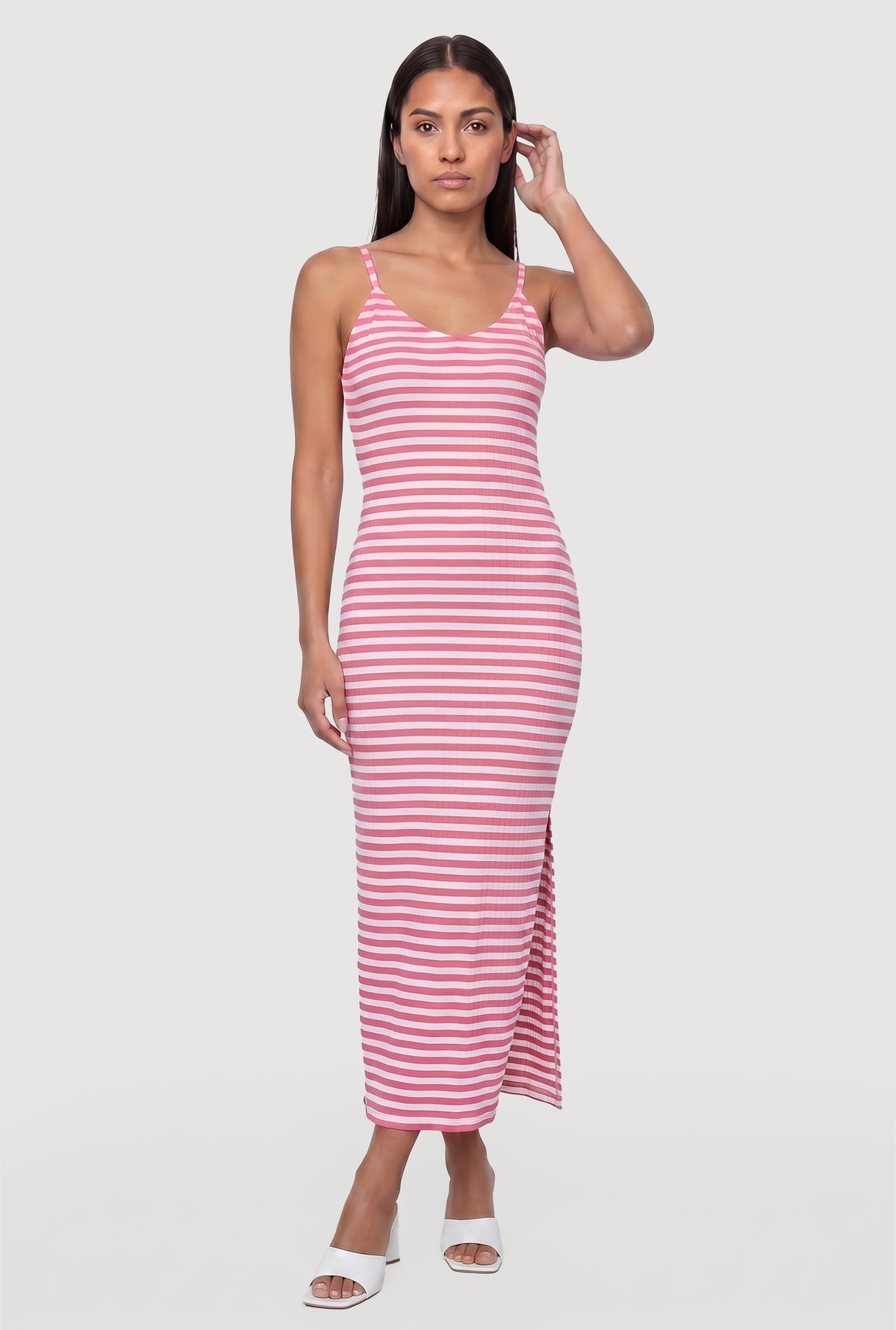 side stripe bodycon dress Womens Striped V Neck Slit Maxi Dress, Pink, Size M Zara - Satin Halter Off Shoulder Prom Dress Size:Petite-2 This sleeveless long dress