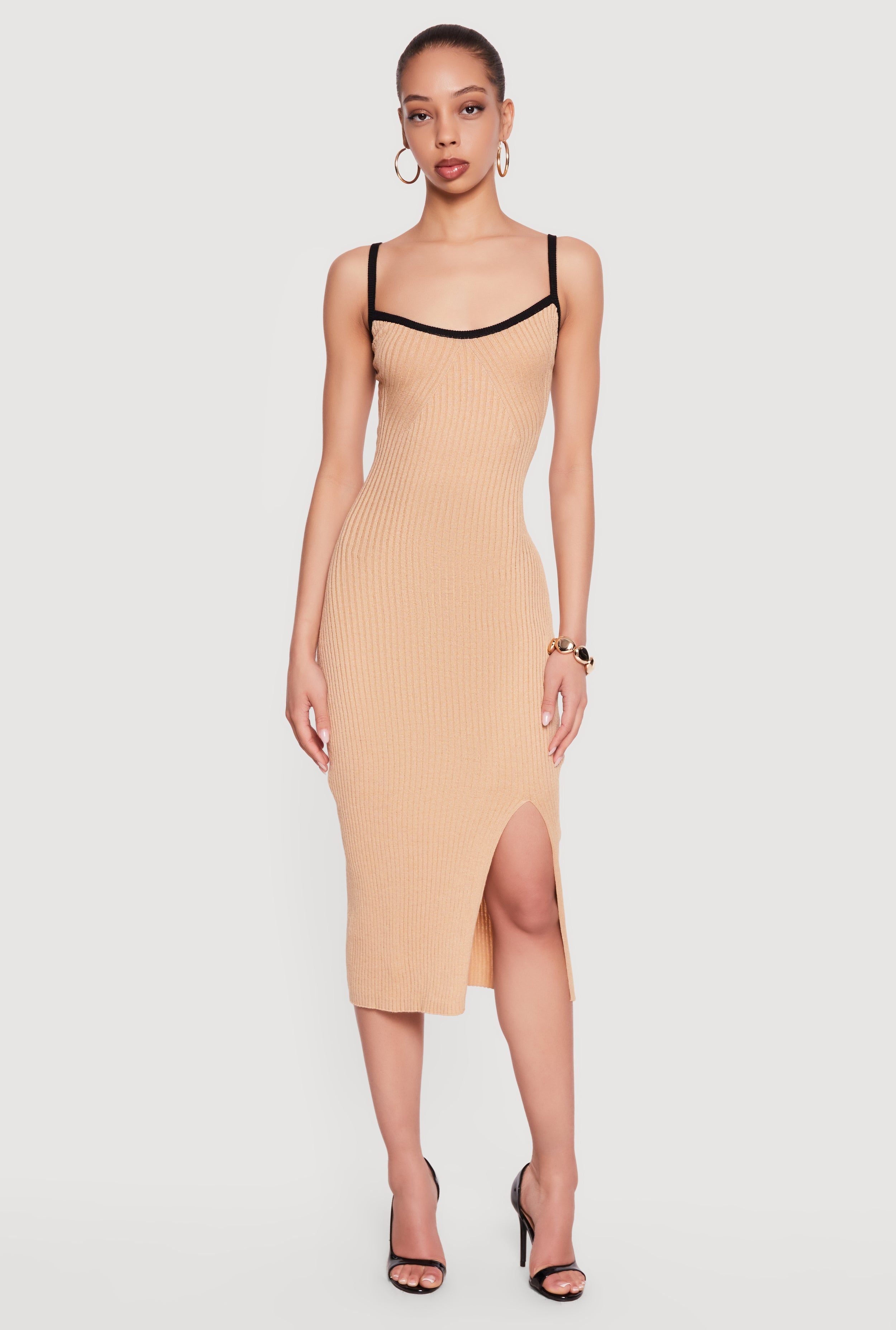 ワンピース andwang Ribcrafted Knit Dress Set Contrast Trim Rib Knit Tie Back Keyhole Cami Midi Dress