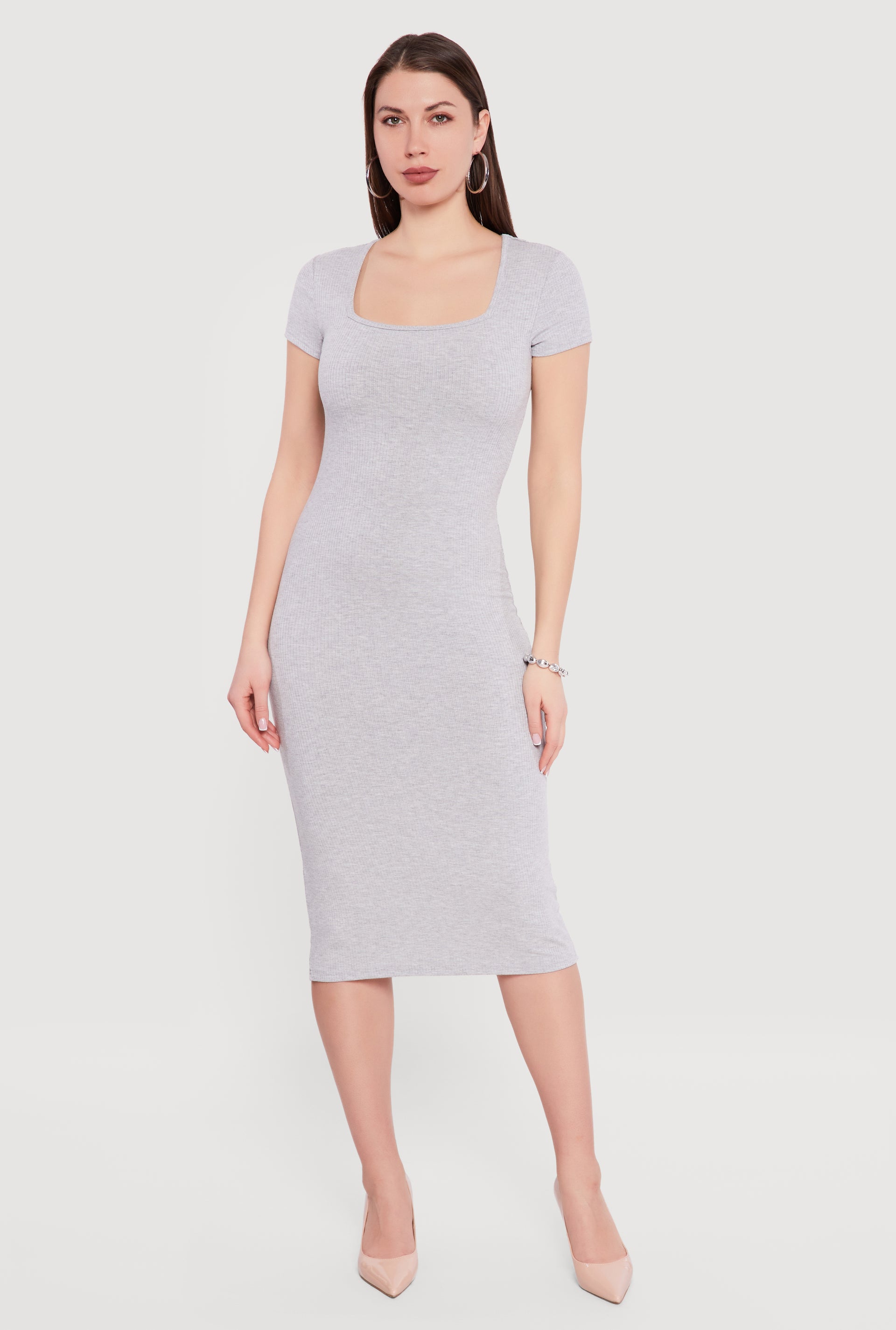 fitted rib-knit square-neck midi dress for women Navy Ribbed Square Neck Midi Dress Large
