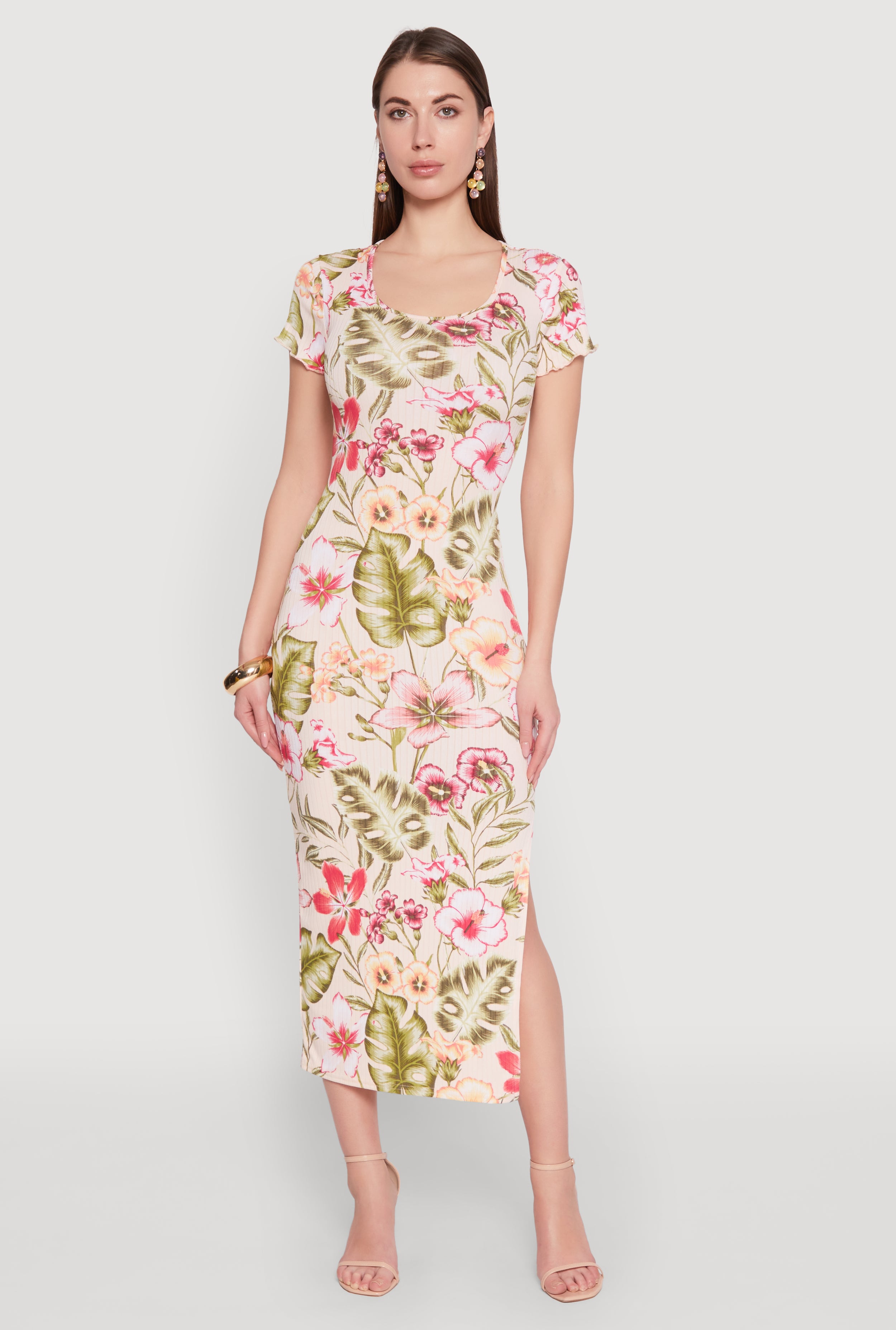 Short Sleeve Rib Knit Floral Midi Dress