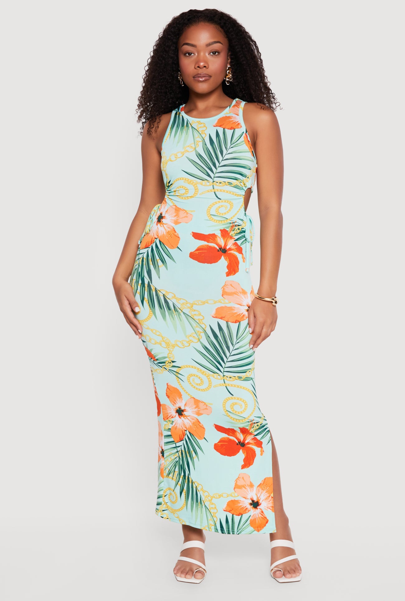 maxi dress with side cut outs Tropical Floral Chain Print Side Cutout Maxi Dress