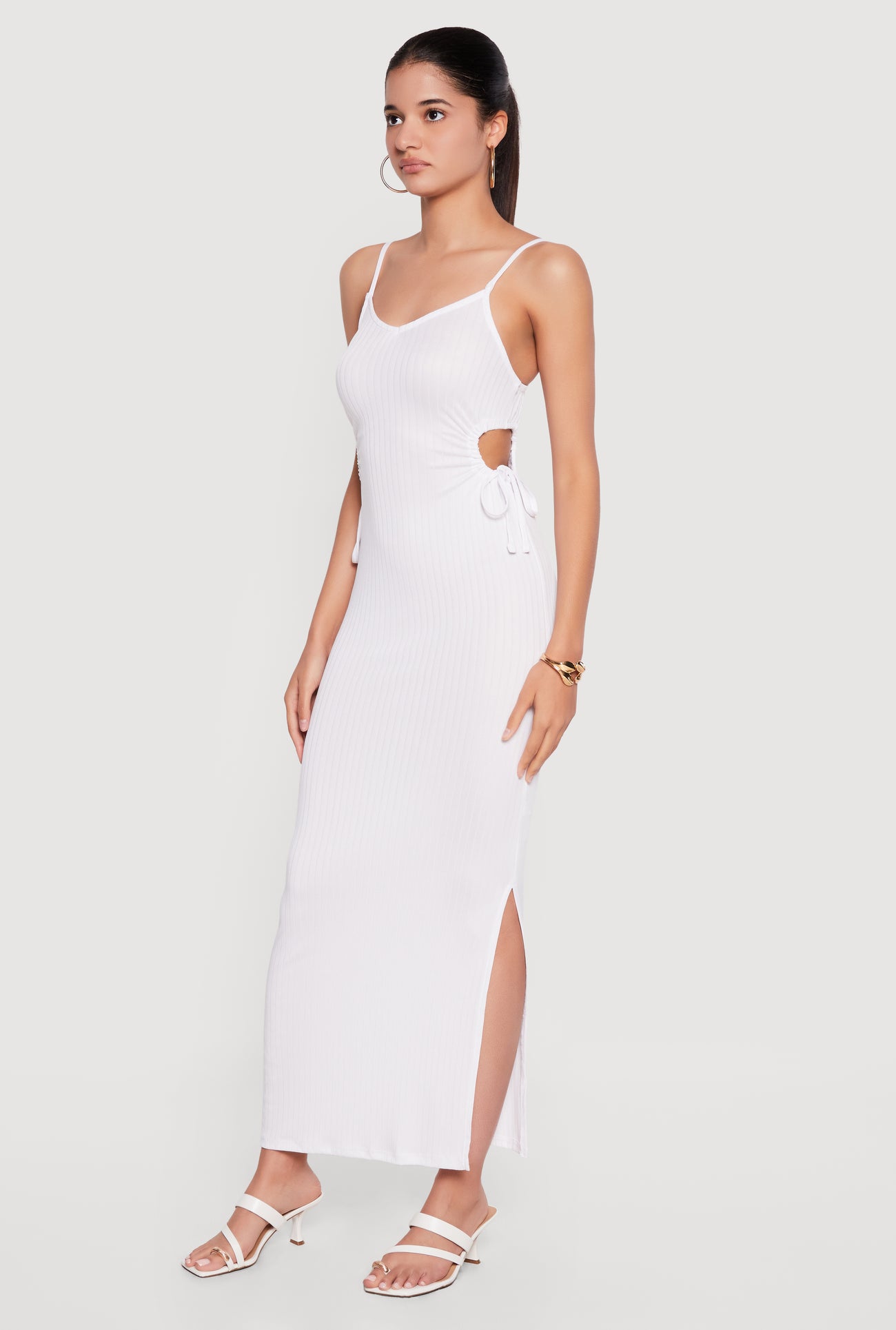 Ribbed Knit Drawstring Keyhole Detail Side Slit Maxi Dress