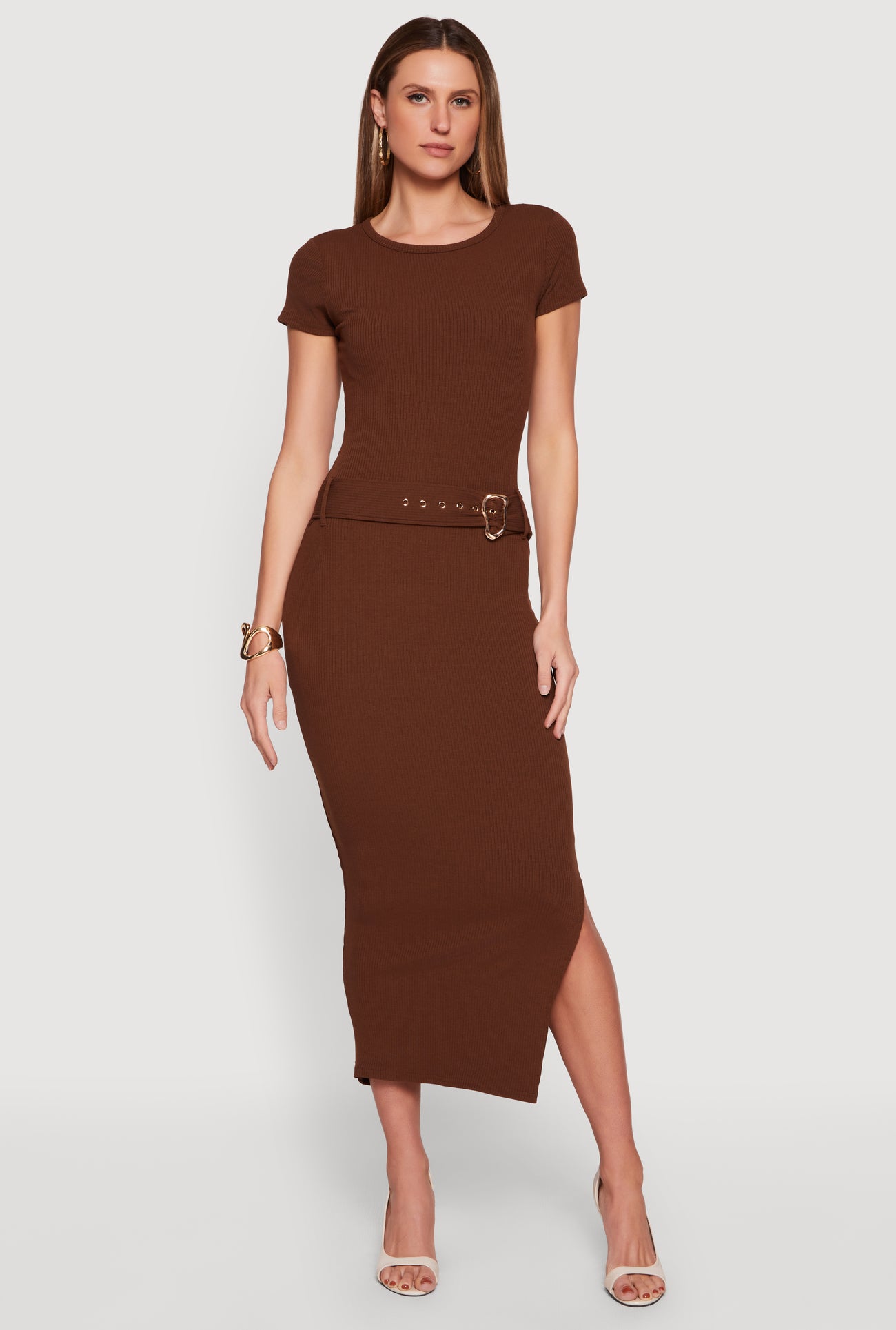 short sleeve brown maxi dress Women's As Promised Brown Short Sleeve Cinched Waist Maxi Dress | Size: S