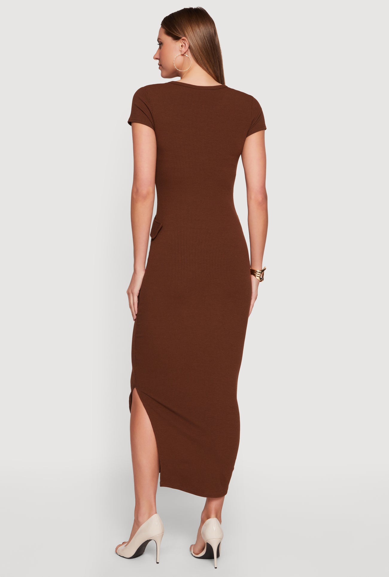short sleeve ribbed maxi dress Taupe Ribbed Short Sleeve Knit Maxi Dress
