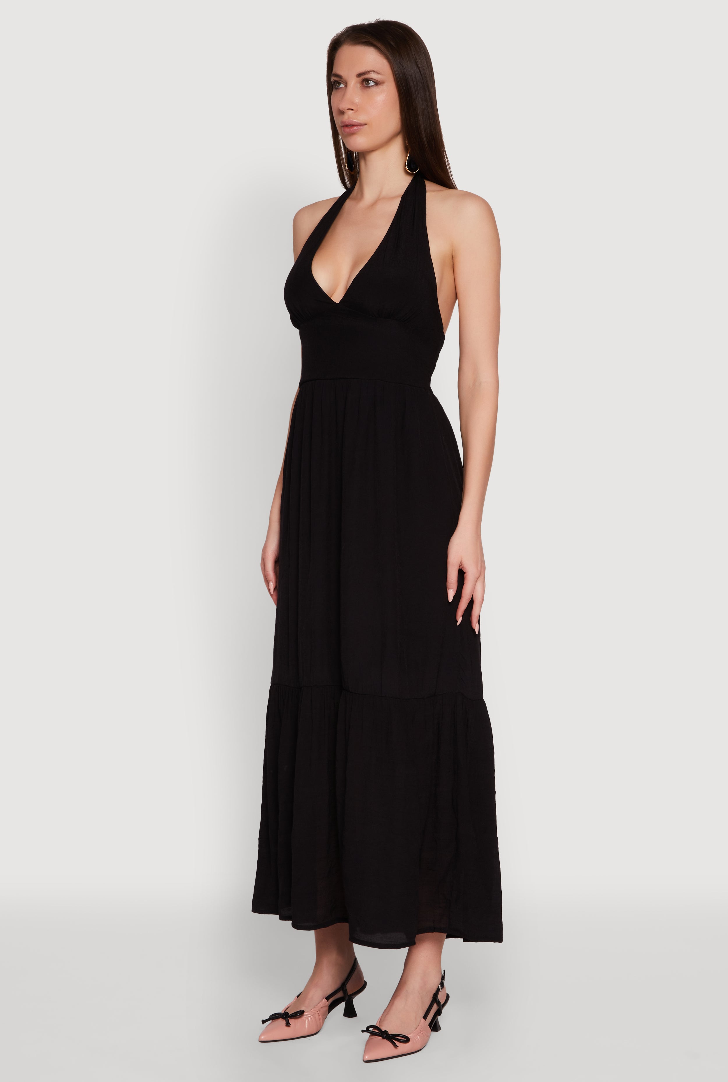 Elegant Gauze Knit Halter Neck Tiered Dress