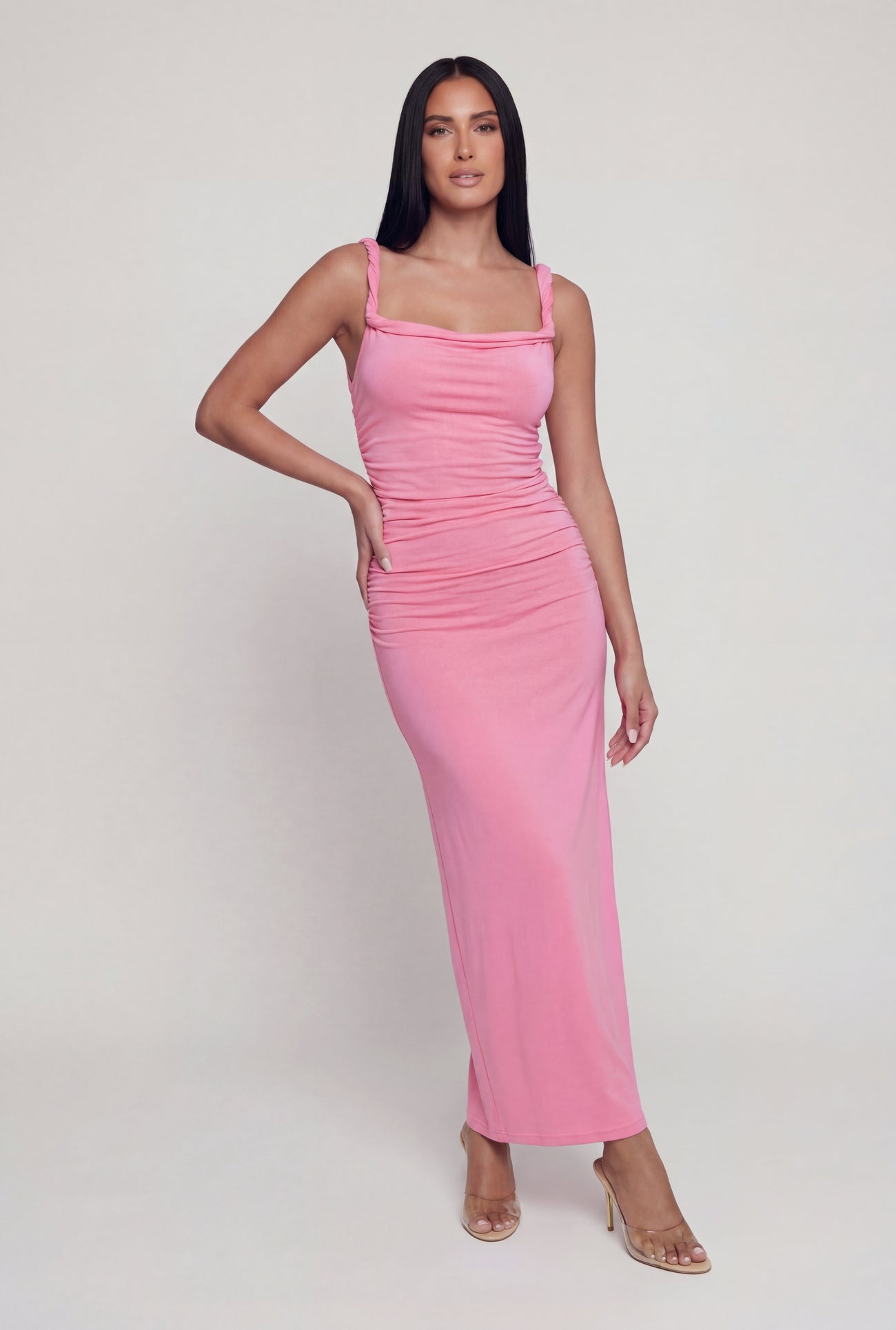 ruched dress pink Twisted Strap Sleeveless Ruched Maxi Dress