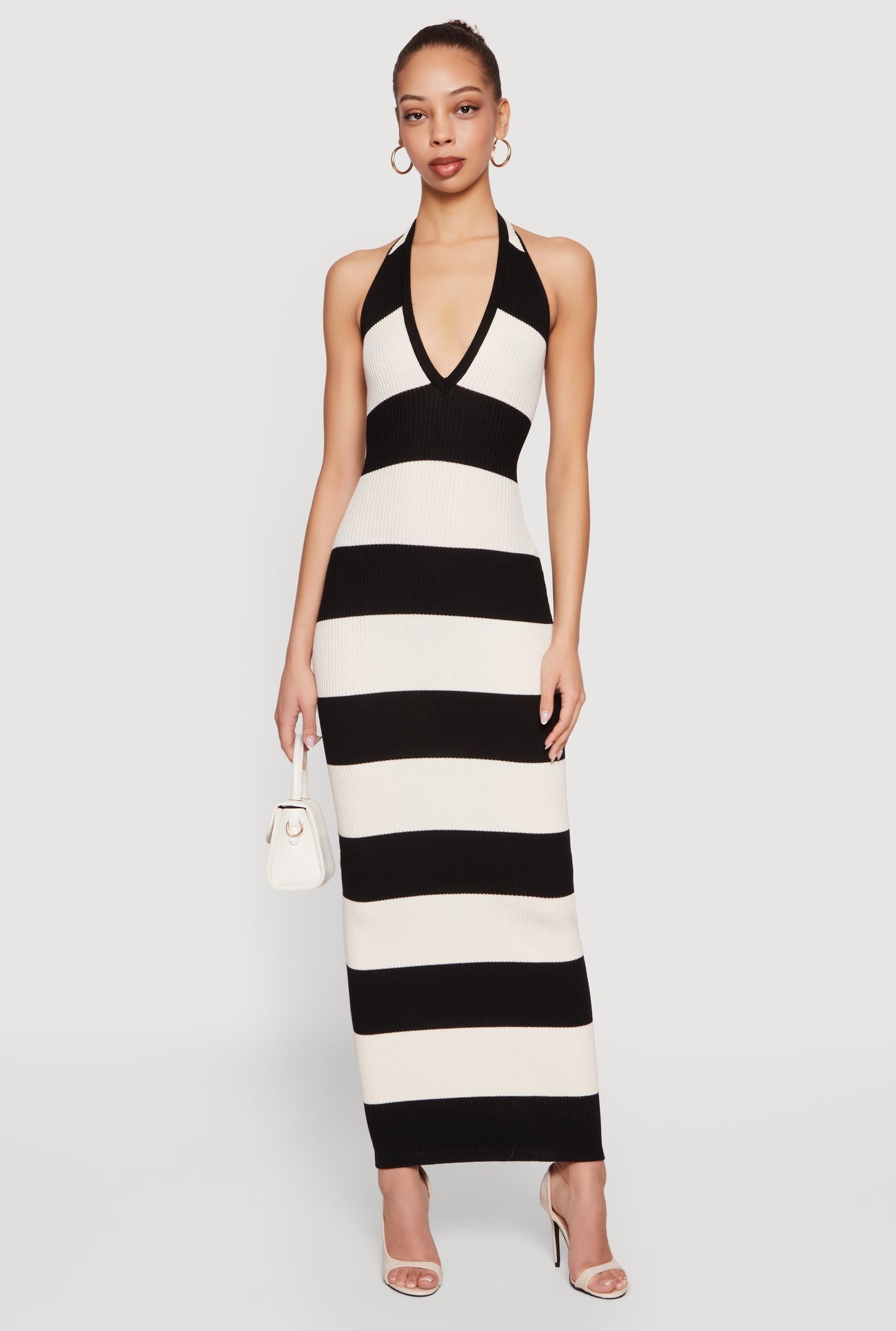 chinese dress ladies Striped Rib Knit Lace Up Back Halter Maxi Dress