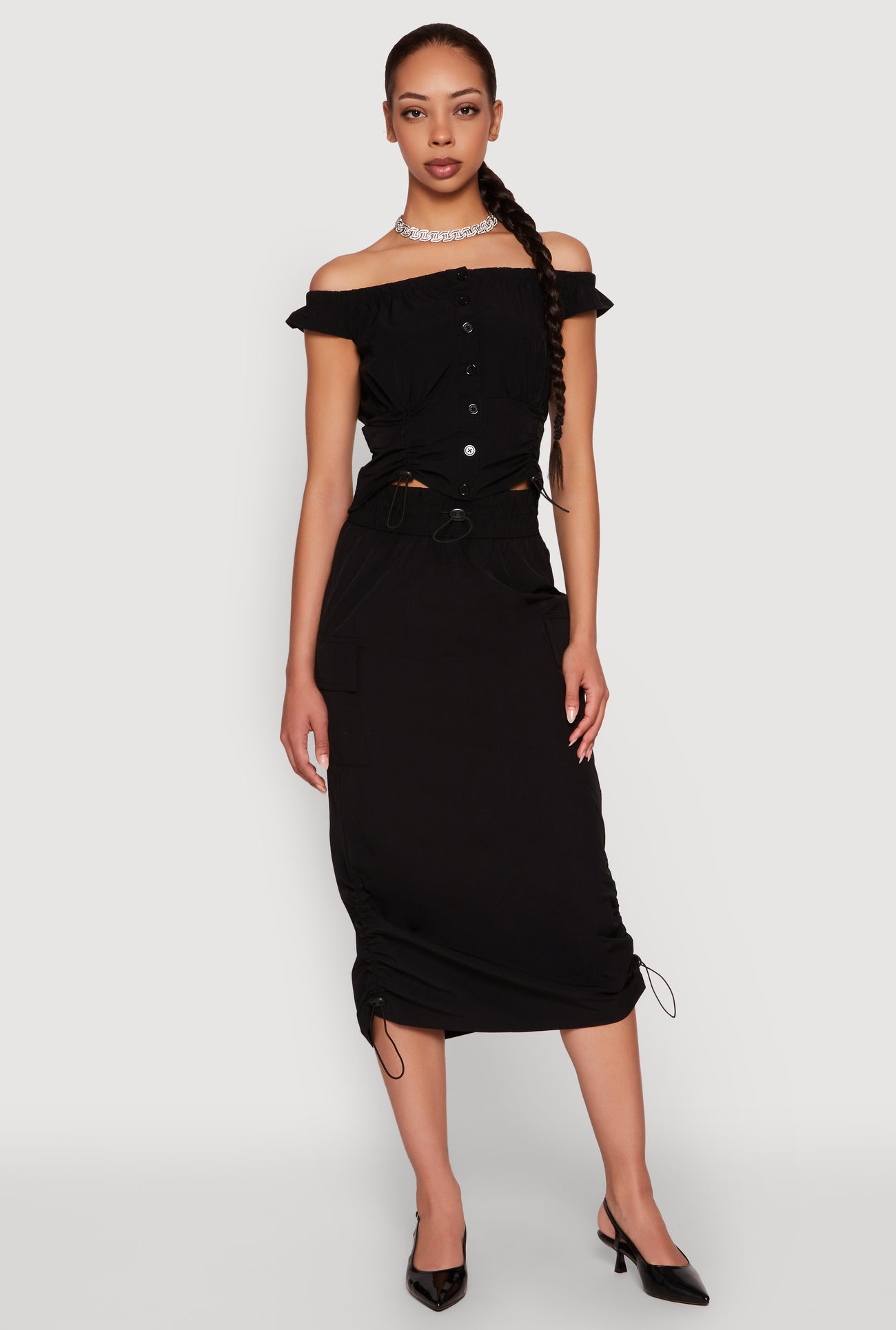 Toggle Drawstring Hem Midi Cargo Skirt