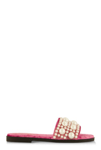 Velvet Faux Pearl Band Slide Sandals