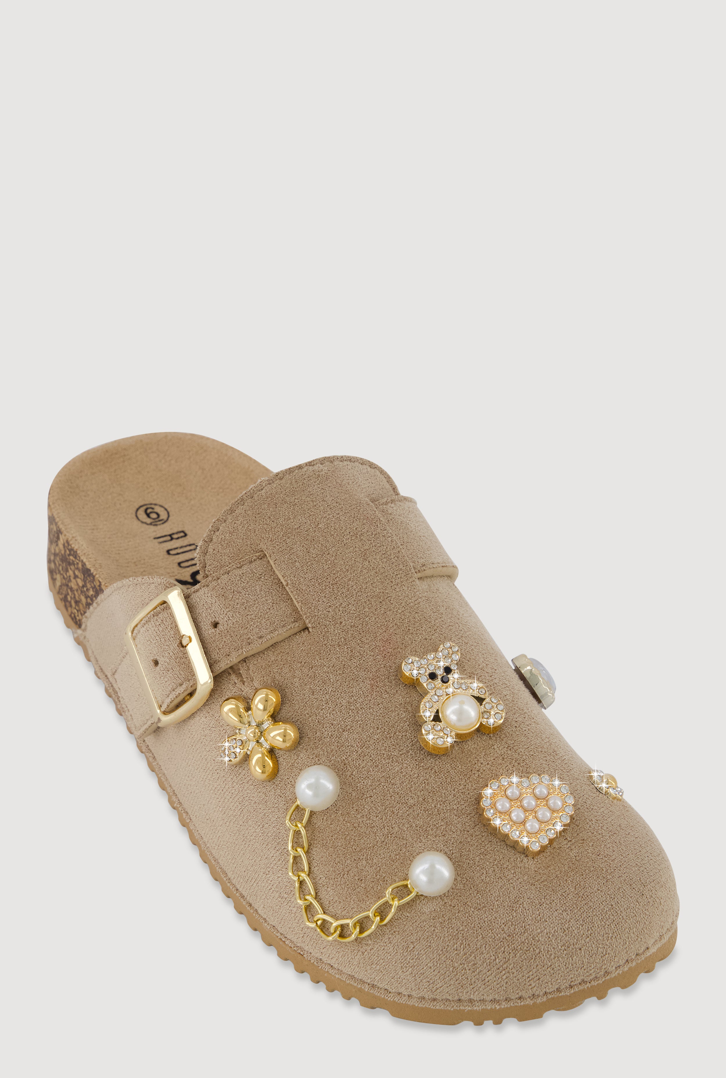 Faux Suede Clogs with Rhinestone and Faux Pearl Charms