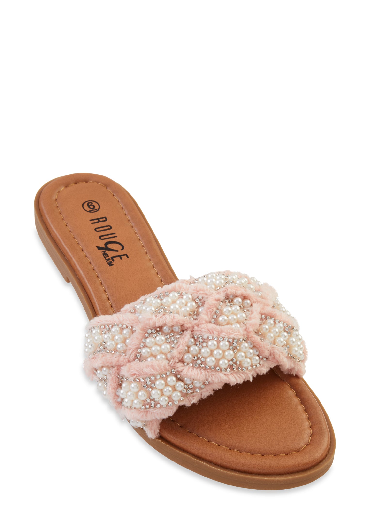 Faux Pearl Rhinestone Frayed Band Slide Sandals