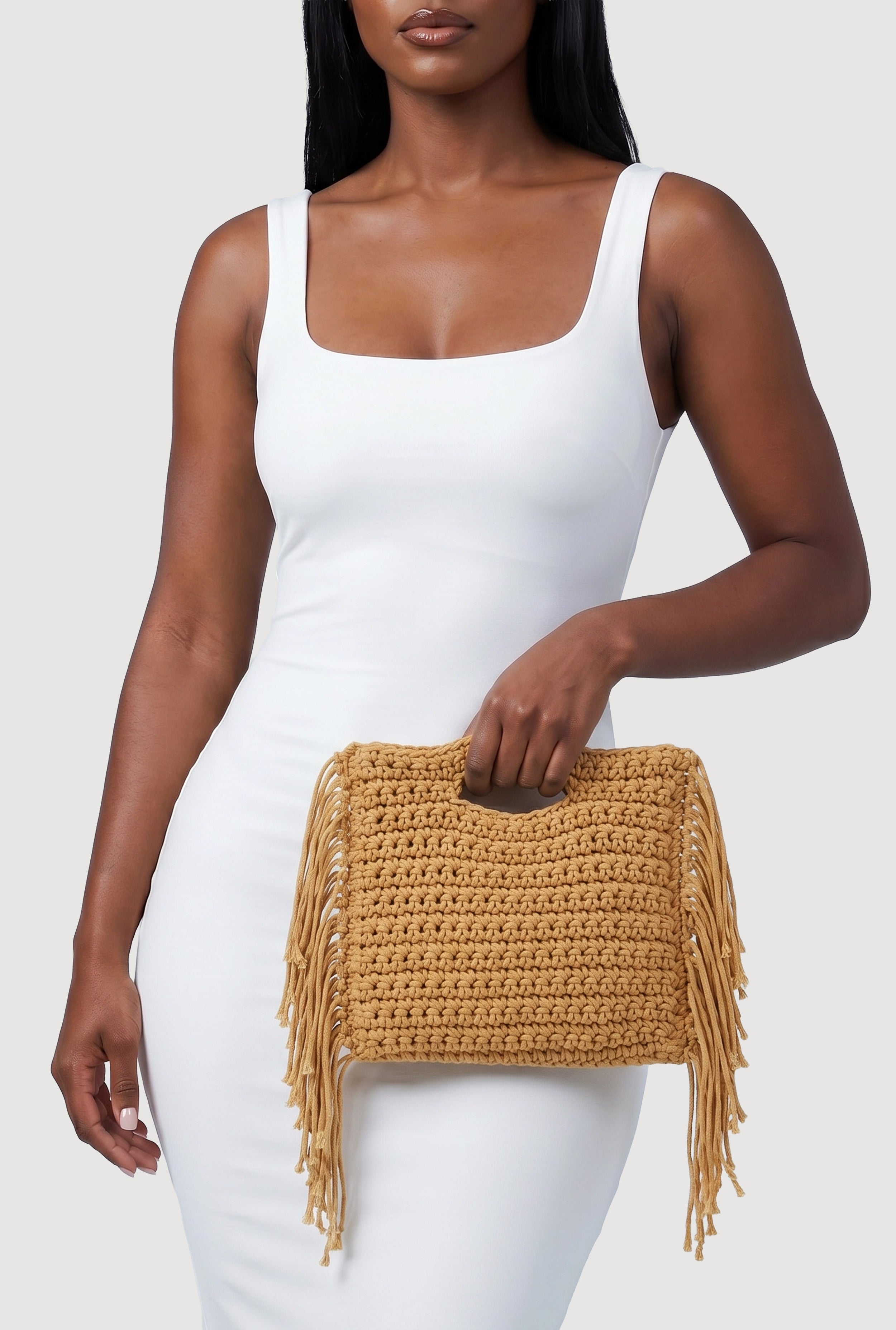 トラバーチングリーン 編みバッグzxc Fringe Crochet Handbag with Drawstring Pouch