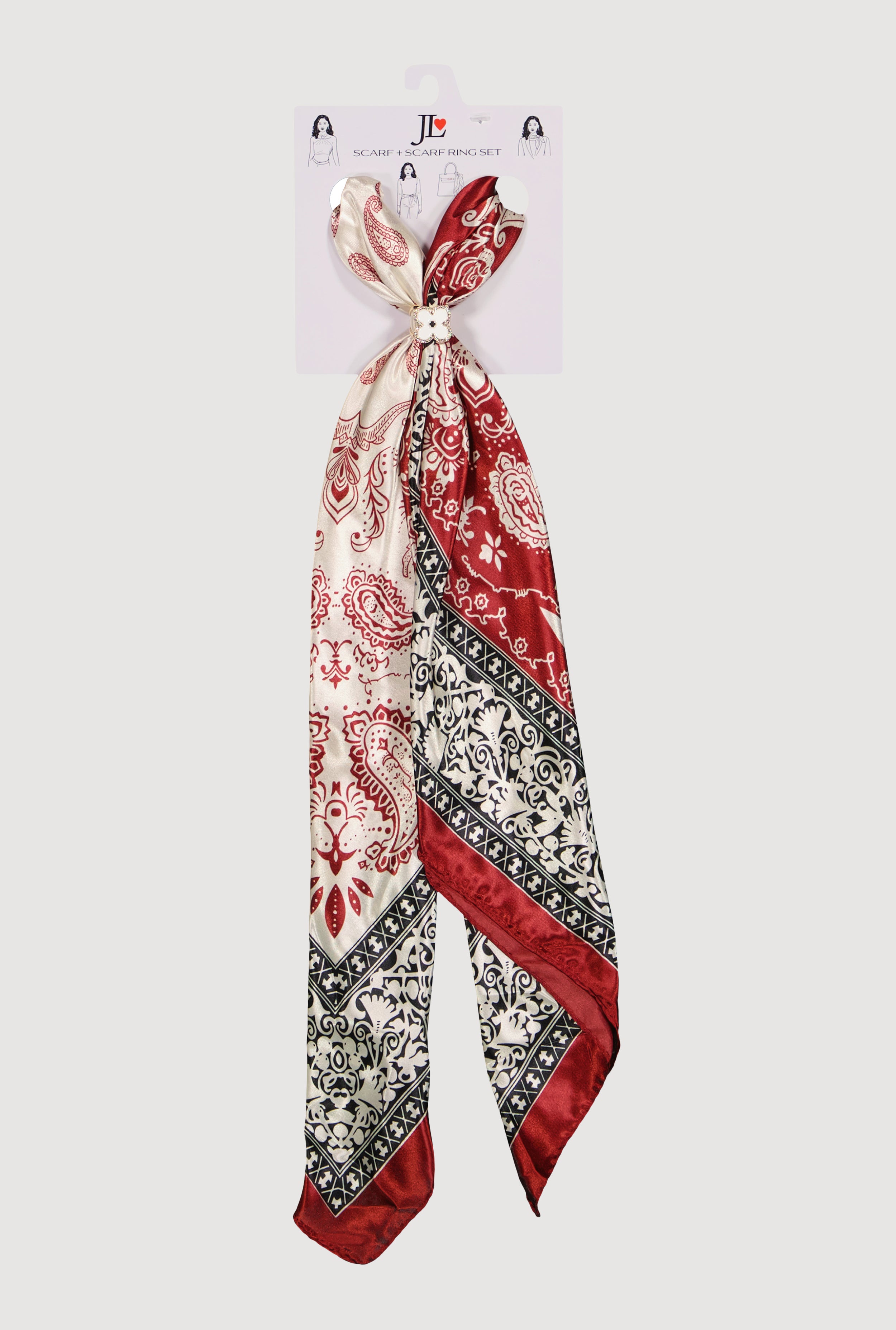 Color Blocked Paisley Border Print Multiway Scarf and Scarf Ring Set