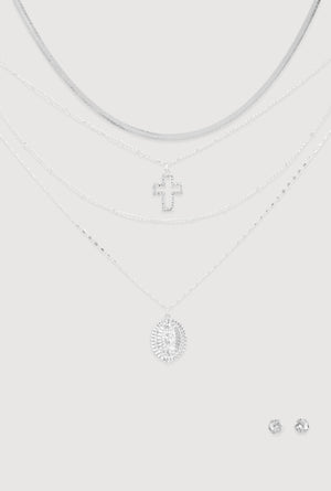 Cubic Zirconia Cross Layered Necklace and Stud Earrings Set - silver