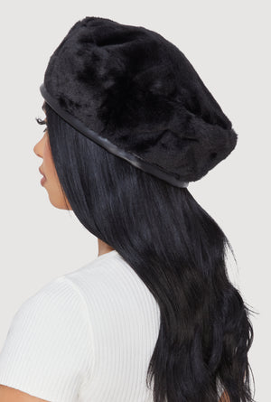 Faux Fur Beret with Faux Leather Trim