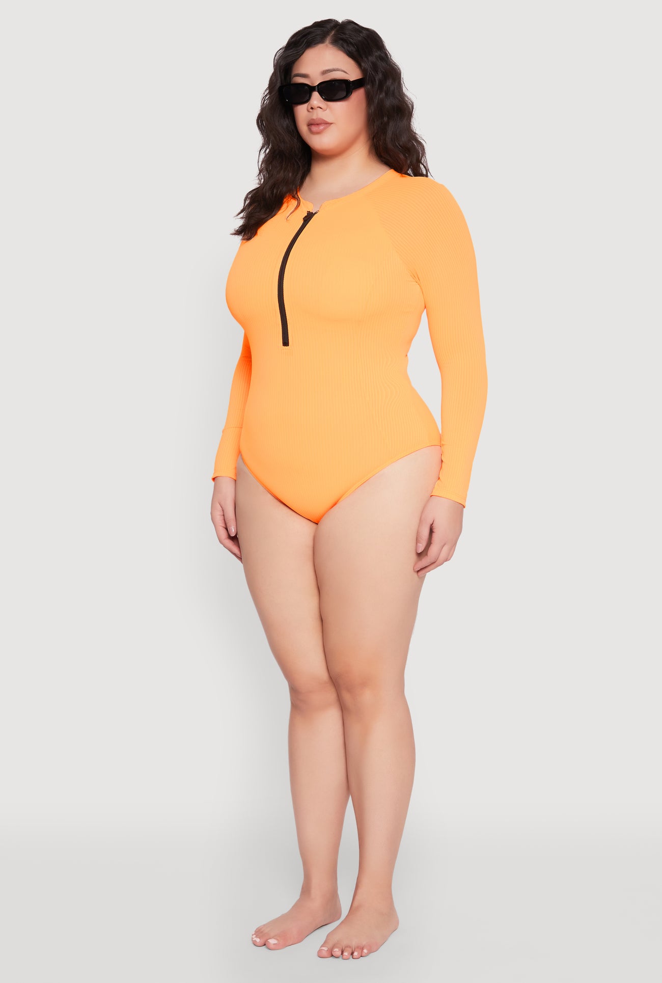 Plus Size Zip Front Rash Guard One Piece Swimsuit