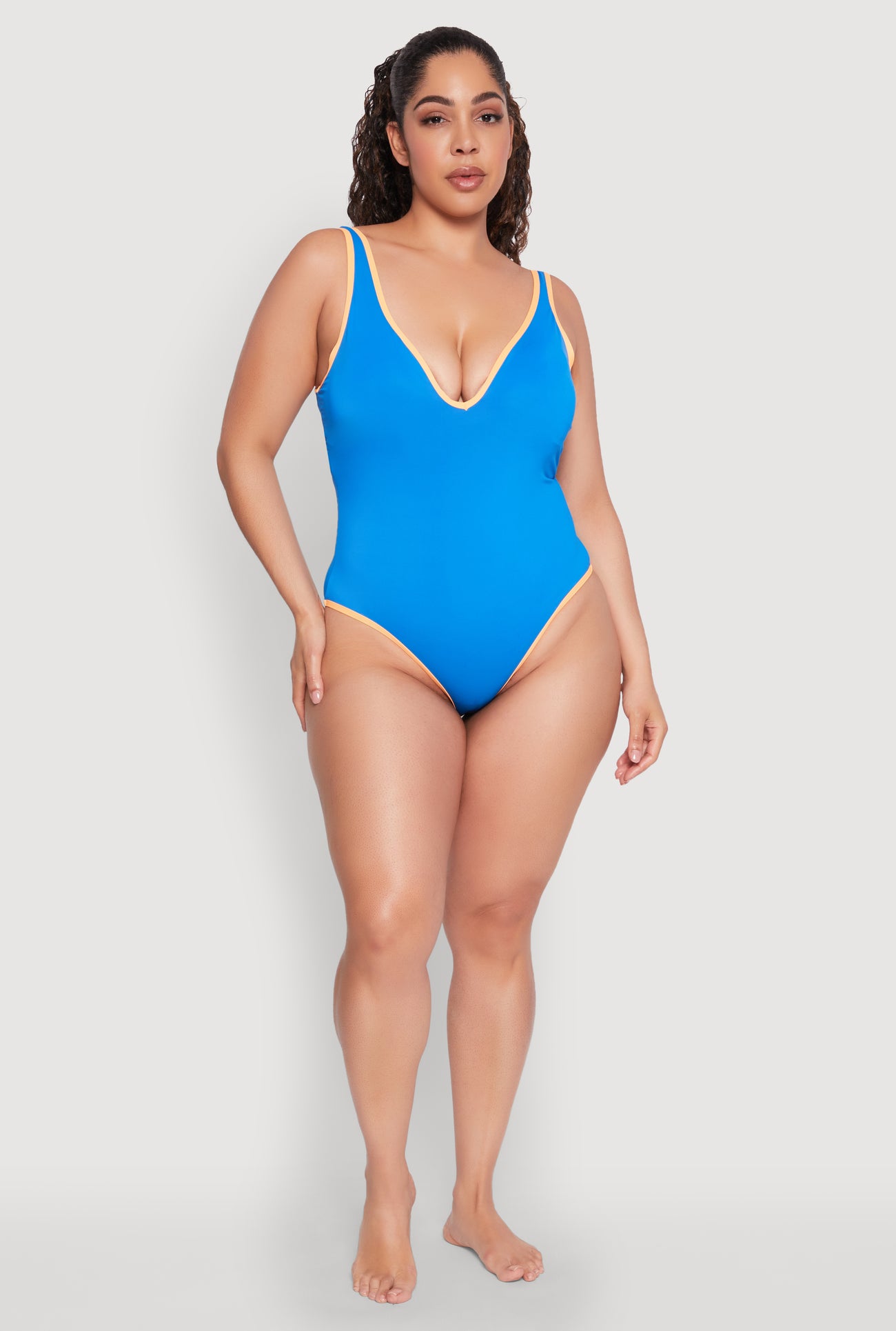 Plus Size Contrast Trim High Cut One Piece Swimsuit