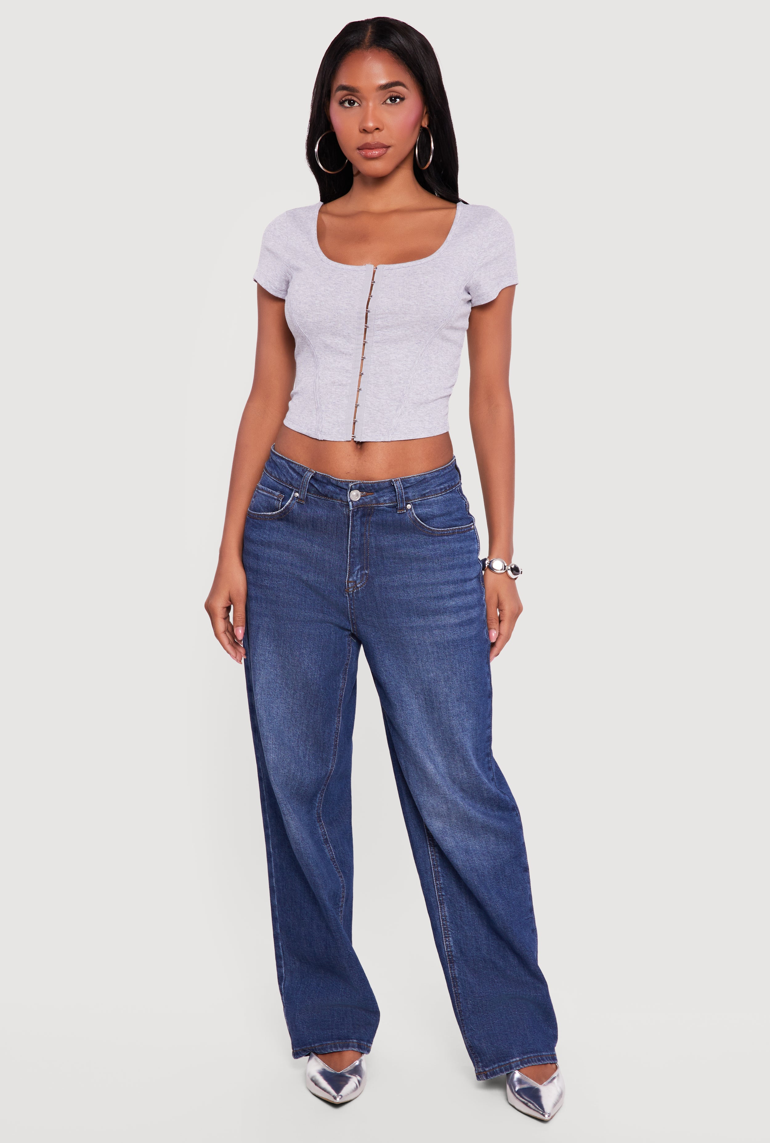 Rib Knit Hook and Eye Front Corset Crop Top