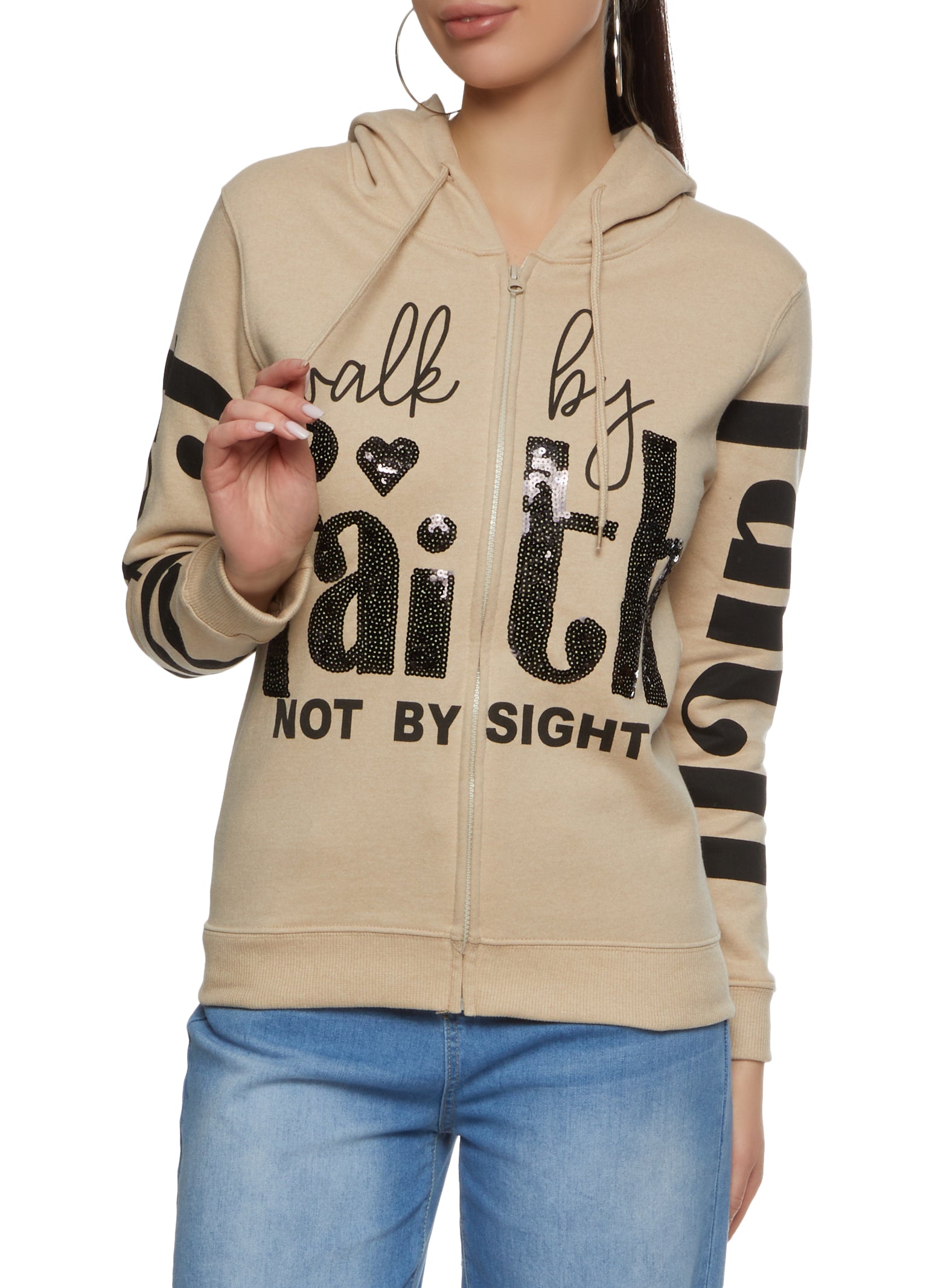 Walk By Faith Not By Sight Zip Front Hoodie - Tan