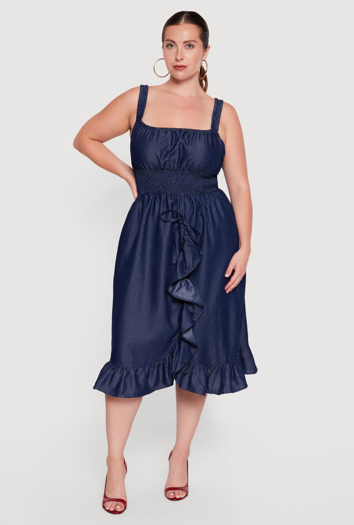 plus size denim dress Light Blue Ruffled 3/4 Sleeve Buttoned Front It is breathable and perfect for spring and summer wear Midi Dress Plus Size Denim