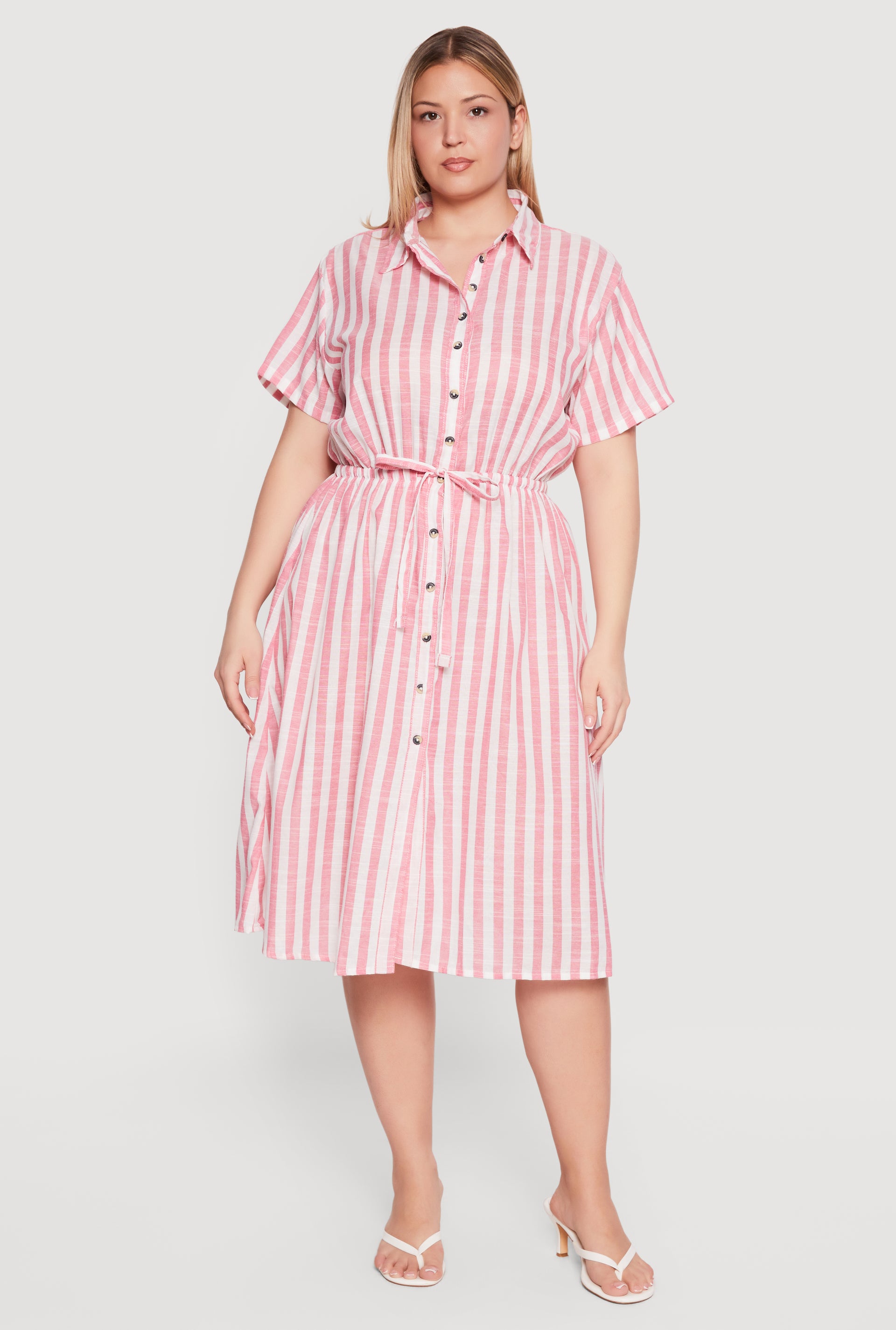 Plus Size Striped Tie Waist Button Front Shirt Dress