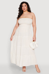 Plus Size Linen Strapless Smocked Tiered Dress