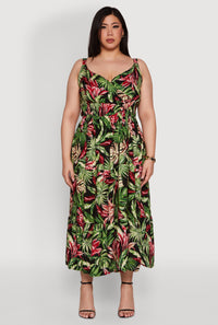 Plus Size Leaf Print Empire Waist Dress
