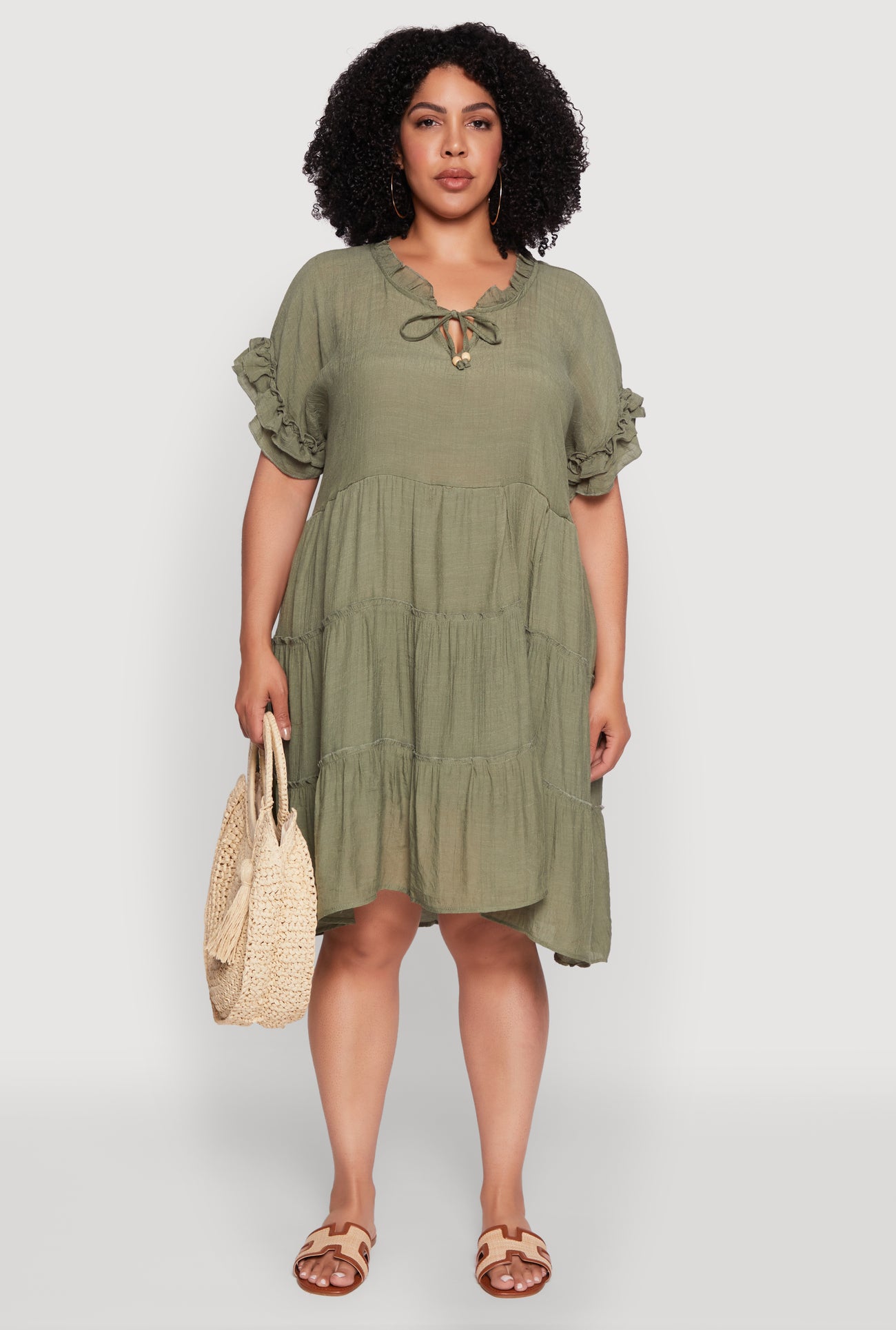 Plus Size Beaded Keyhole Tiered Midi Dress