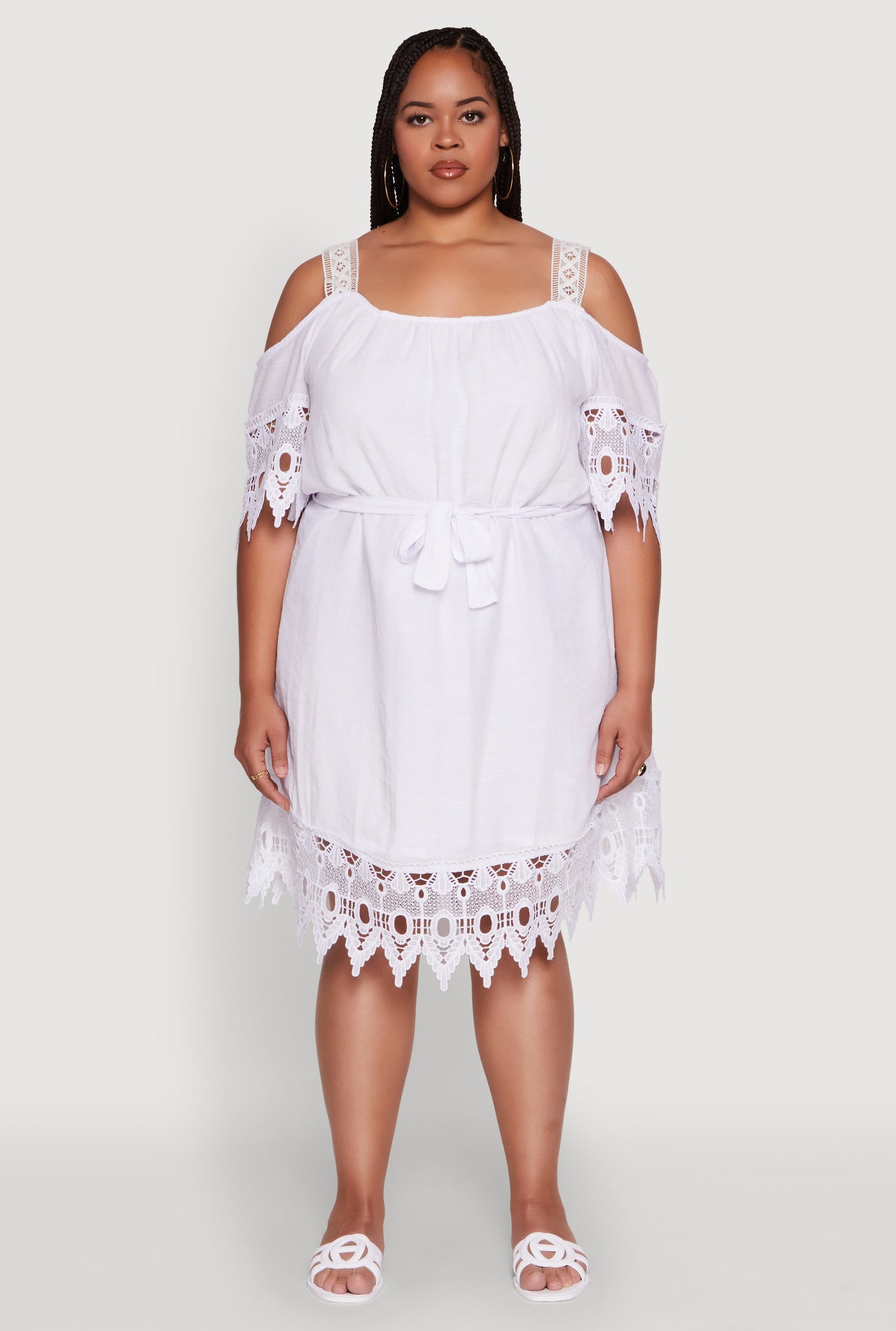 Plus Size Chic Crochet Detail Gauze Knit Cold Shoulder Dress