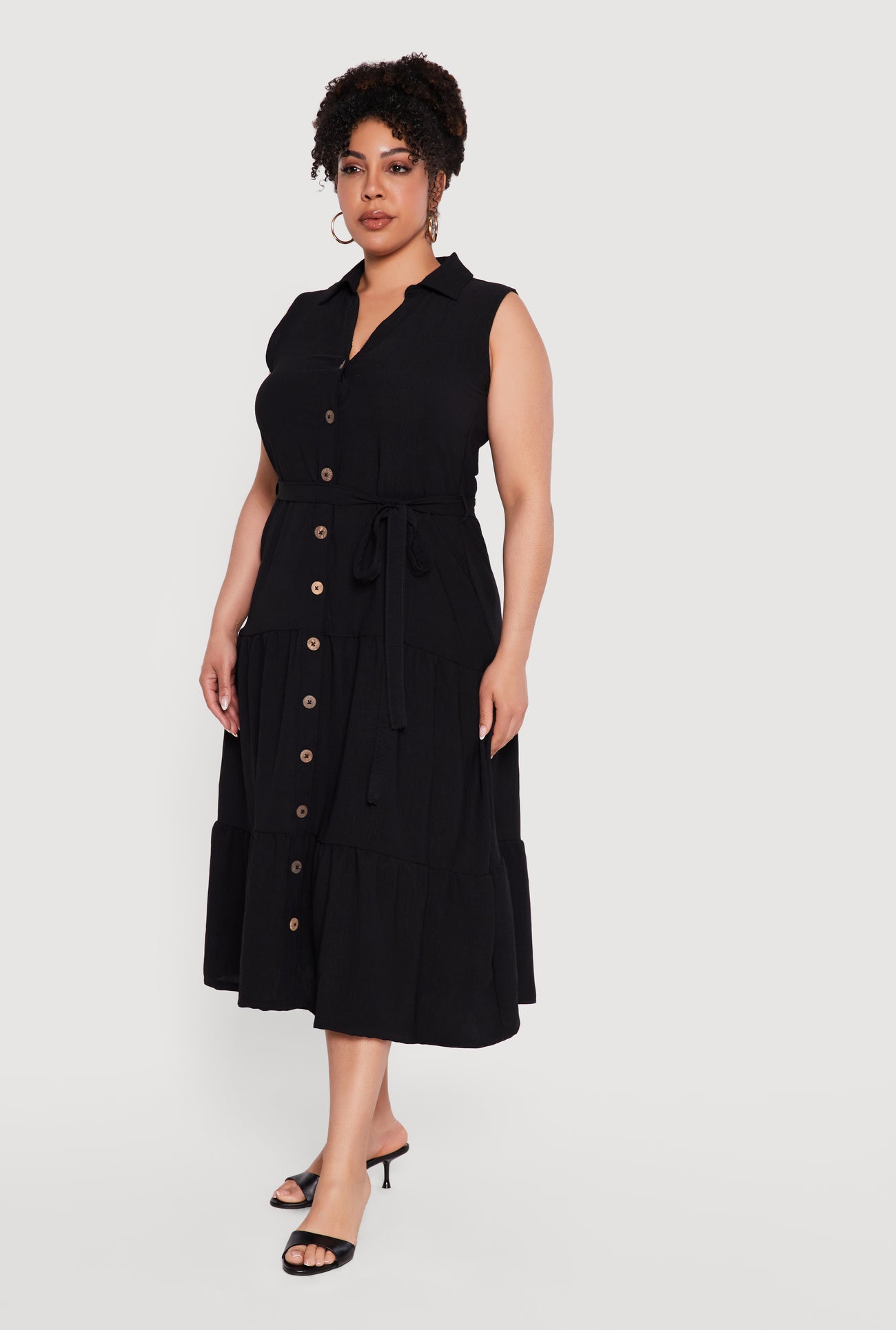 Plus Size Crepe Knit Sleeveless Tiered Shirt Dress Plus Size Crepe Knit Sleeveless Tiered Shirt Dress