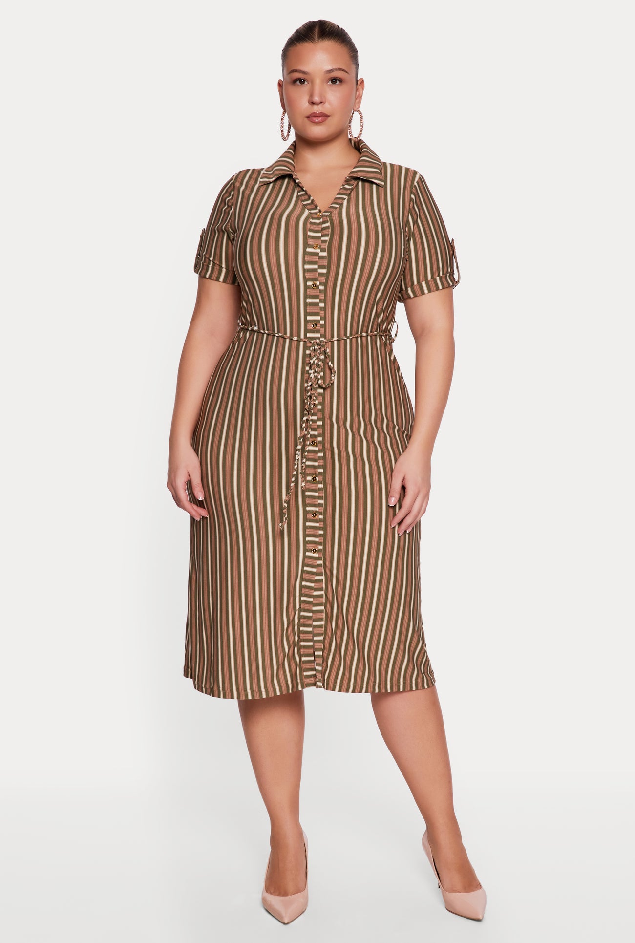 Plus Size Striped Midi Shirt Dress with Tie Waist Belt