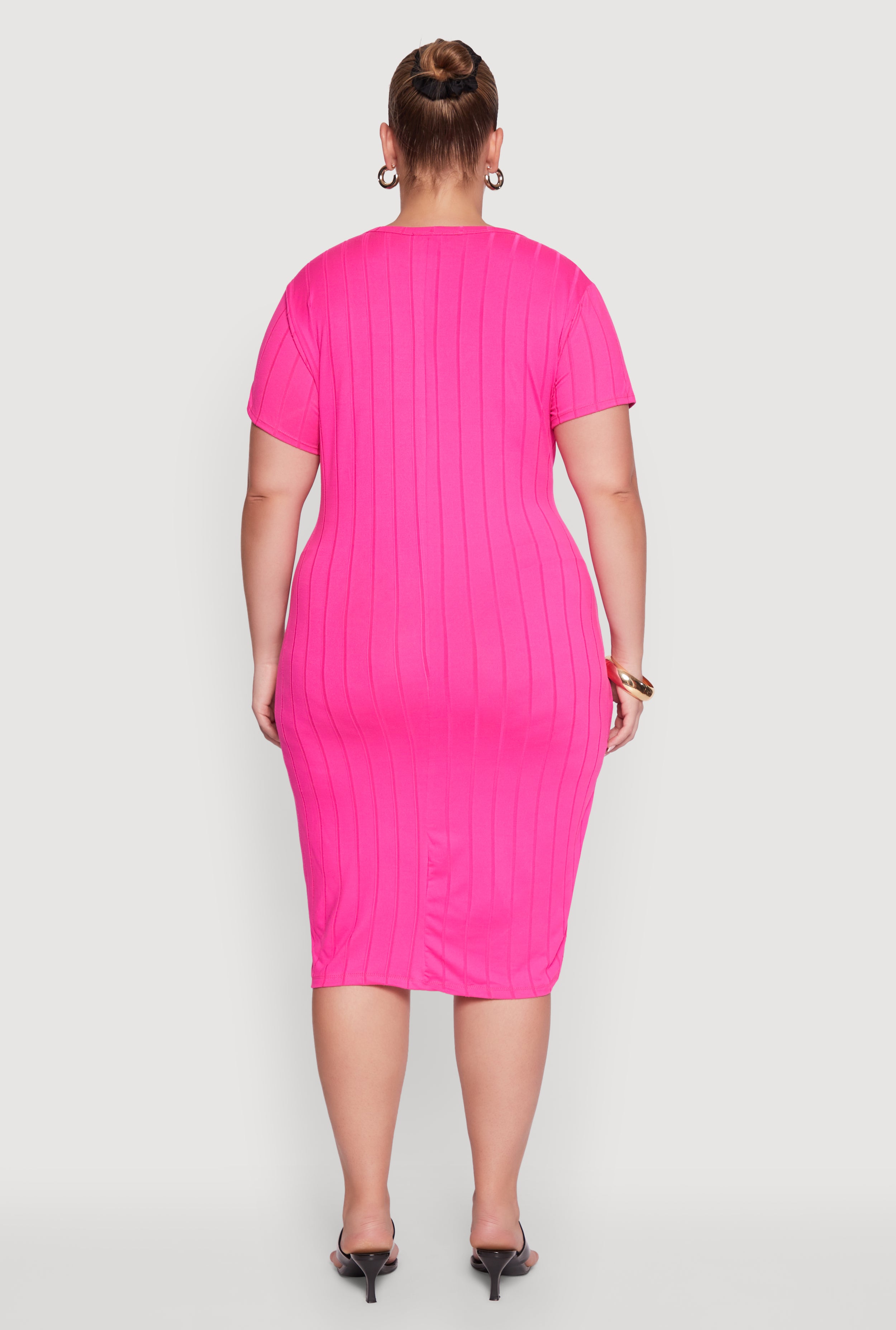 Plus Size Ribbed Knit Crew Neck Midi Dress with Side Slit