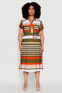 Plus Size Stylish Tie Waist Belted Tabbed Sleeve Shirt Dress