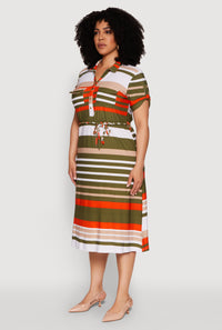 Plus Size Stylish Tie Waist Belted Tabbed Sleeve Shirt Dress