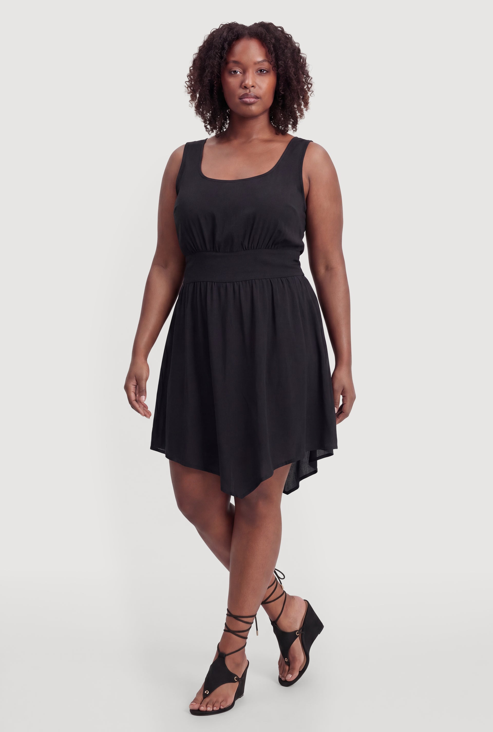 Womens Plus Size Lace Up Back Empire Waist Sleeveless Mini Dress, Black, Size 2X