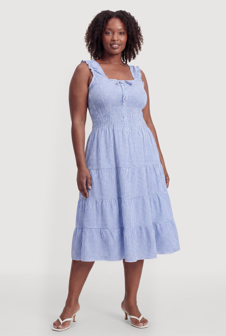 Womens Plus Size Gingham Smocked Waist Ruffle Tiered Dress, Baby Blue, Size 2X