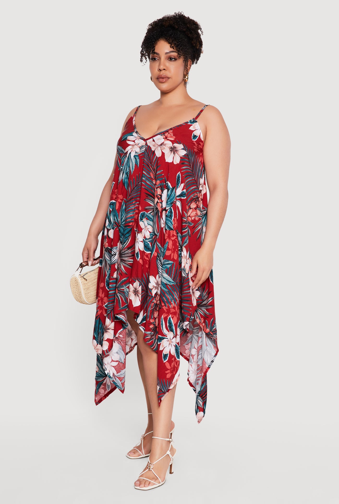 Plus Size Floral Sharkbite Hem V Neck Maxi Dress