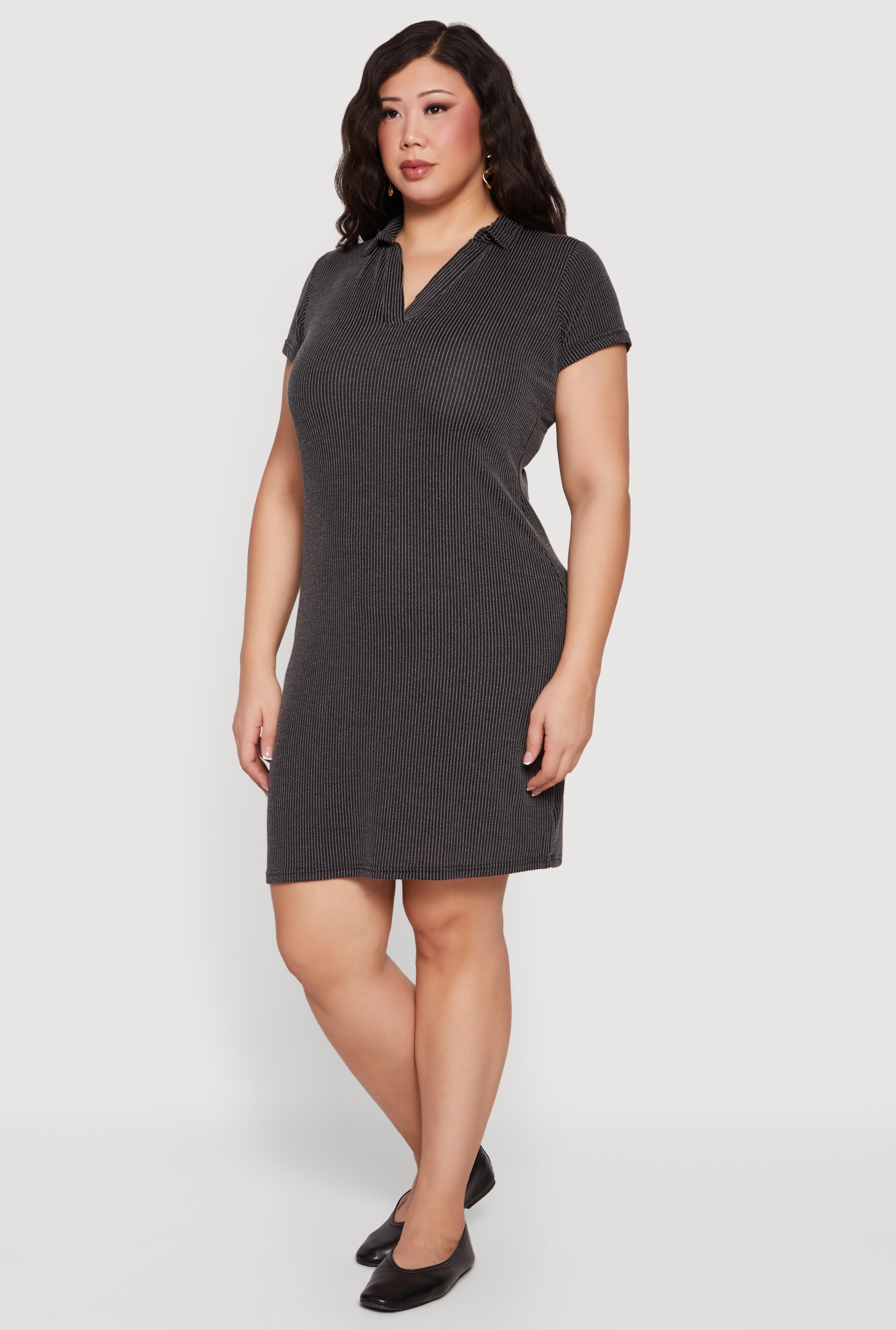 Plus Size Rib Knit Short Sleeve Mini Polo Dress