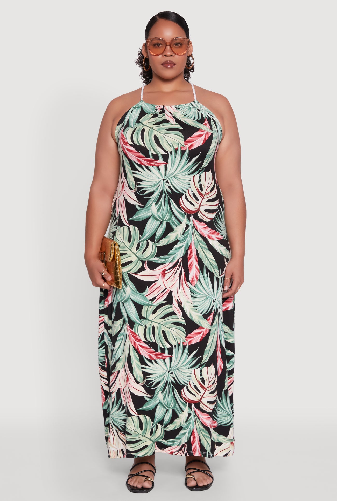 Plus Size Leaf Print Maxi Dress