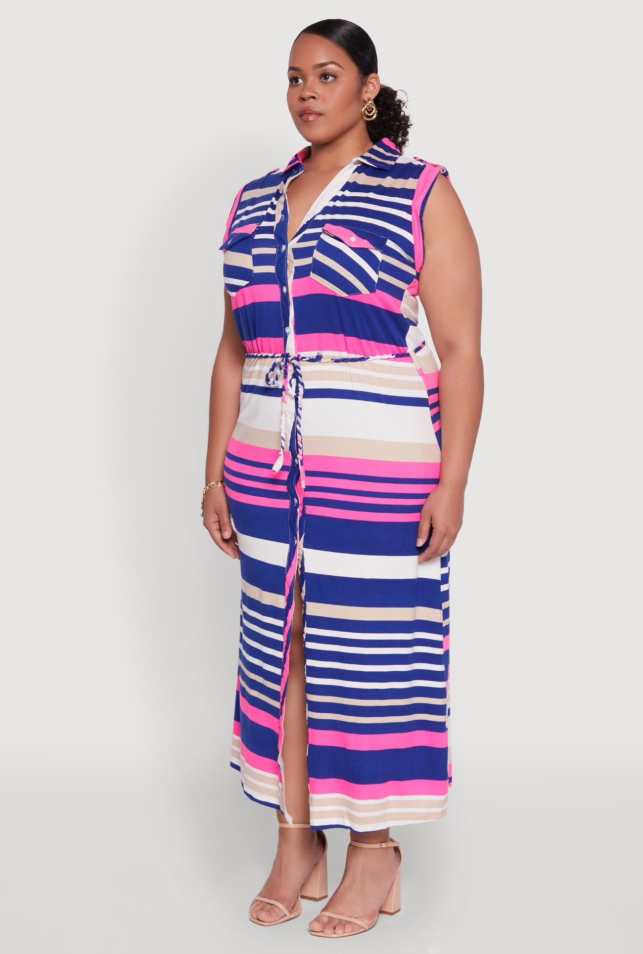 Plus Size Striped Tie Waist Shirt Dress