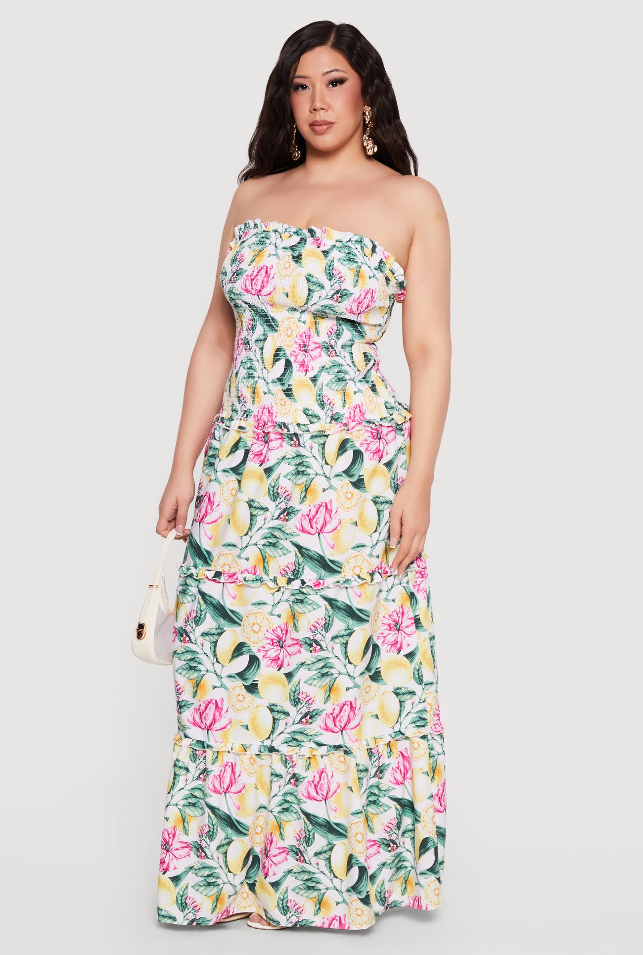 smocked strapless maxi dress Plus Size Floral Lemon Print Smocked Strapless Maxi Dress