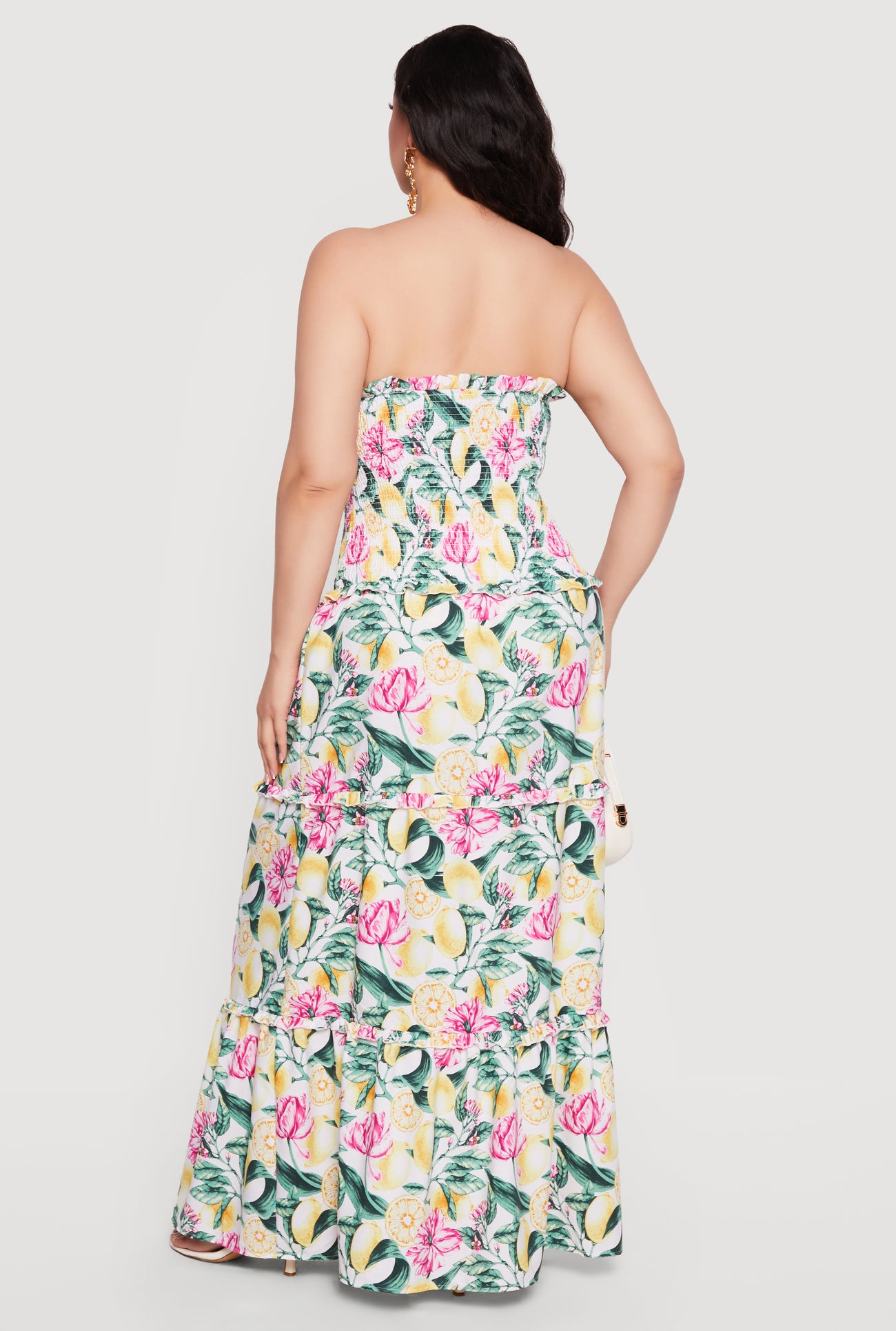 Plus Size Floral Lemon Print Smocked Strapless Maxi Dress