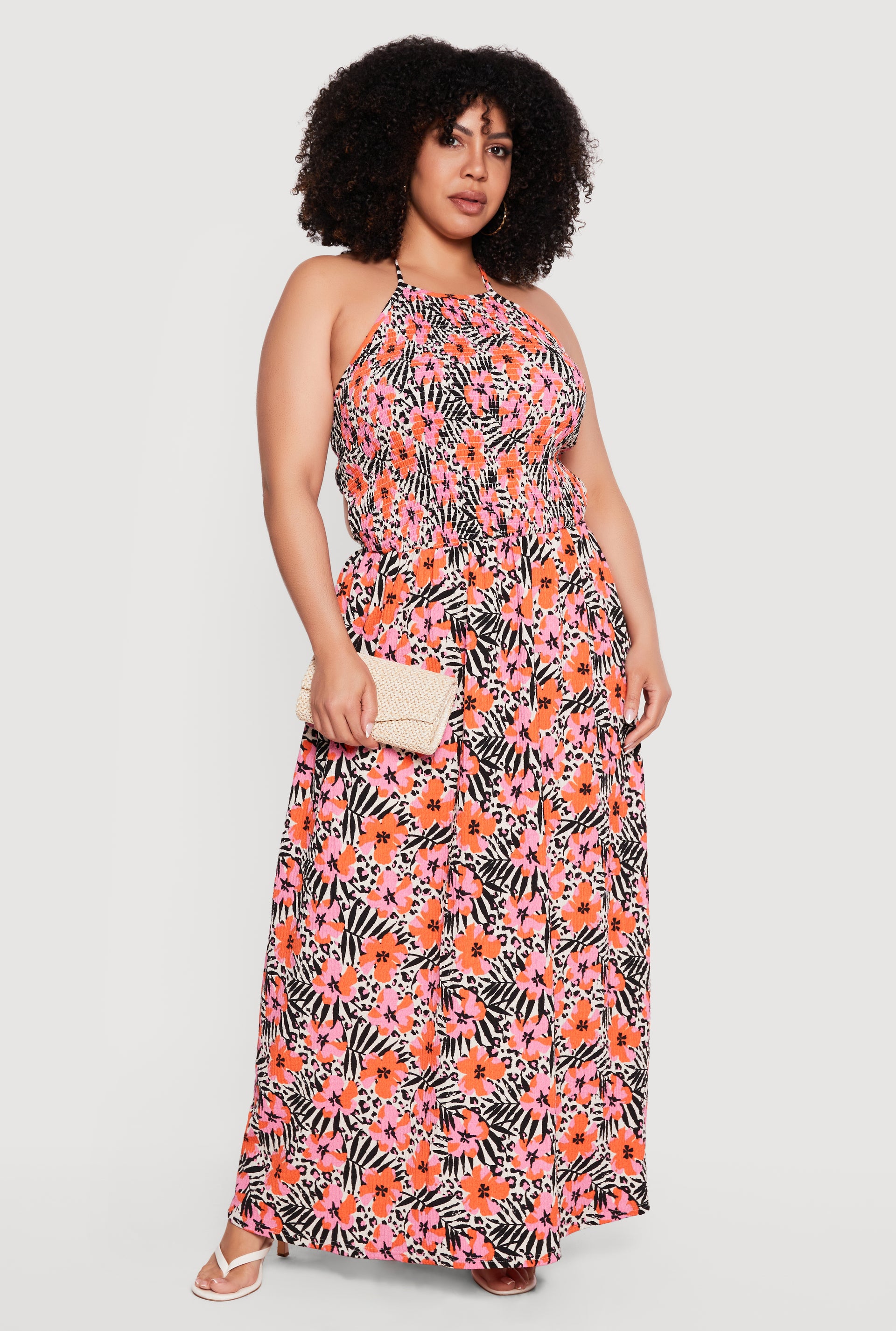 trendy plus size maxi dresses Plus Size Animal Tropical Floral Print Halter Maxi Dress