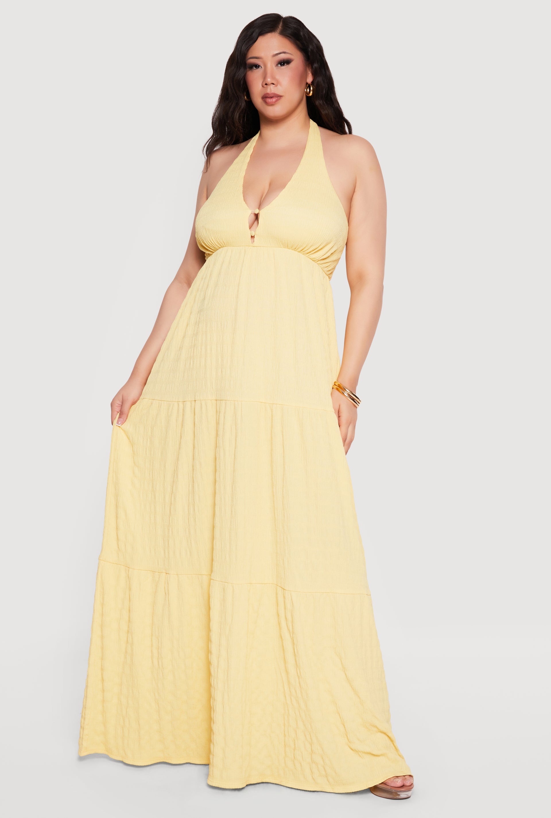 Plus Size Textured Knit Tiered Halter Maxi Dress Plus Size Textured Knit Tiered Halter Maxi Dress