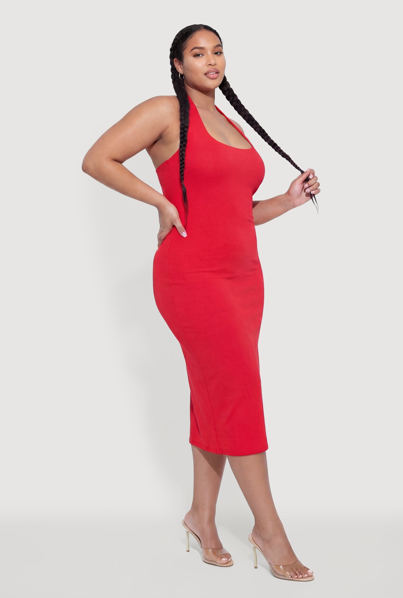 Plus Size Slit Back Midi Halter Dress - RED / 1X