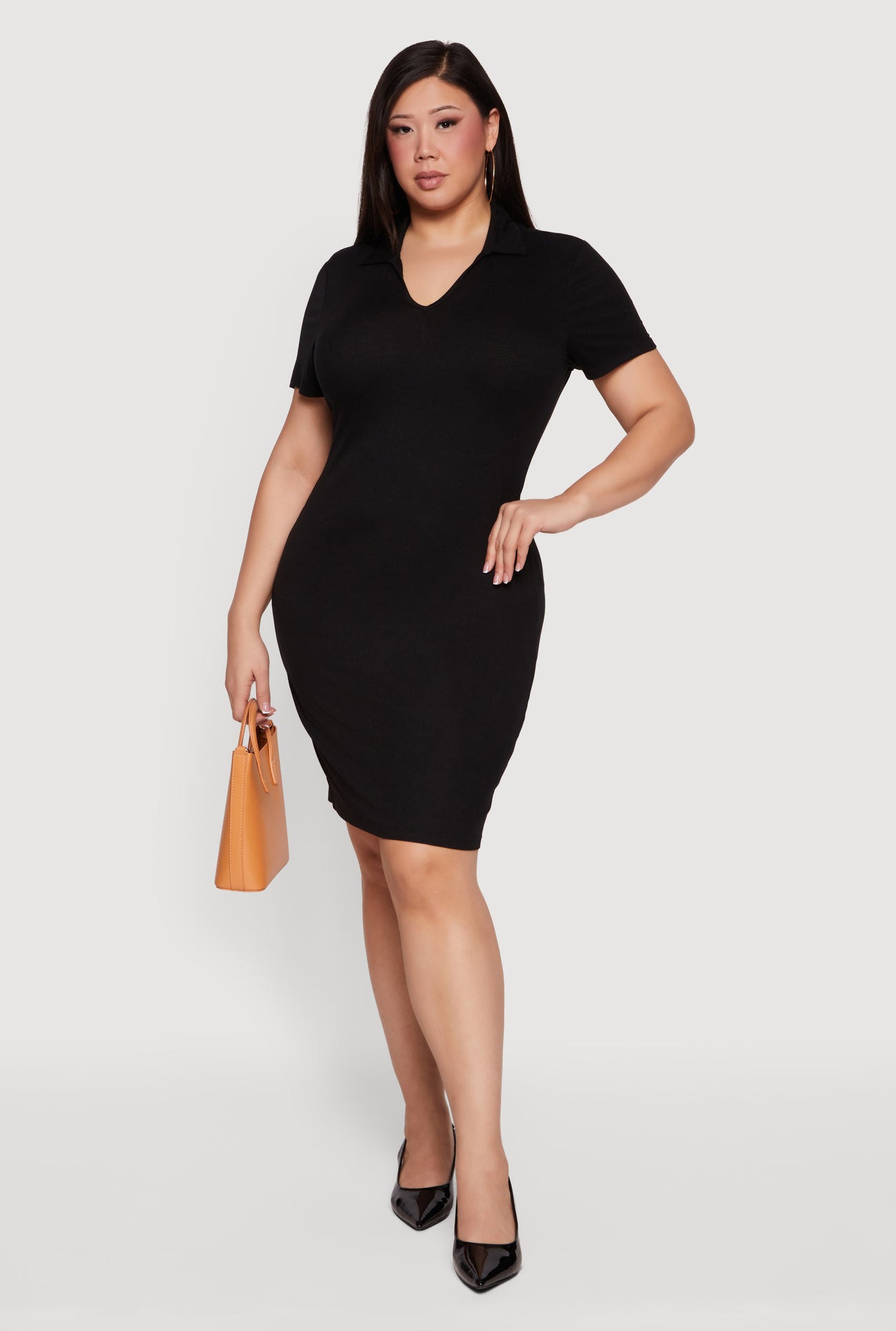 collar ribbed dress Denim collar ribbed knit midi dress - Navy - S