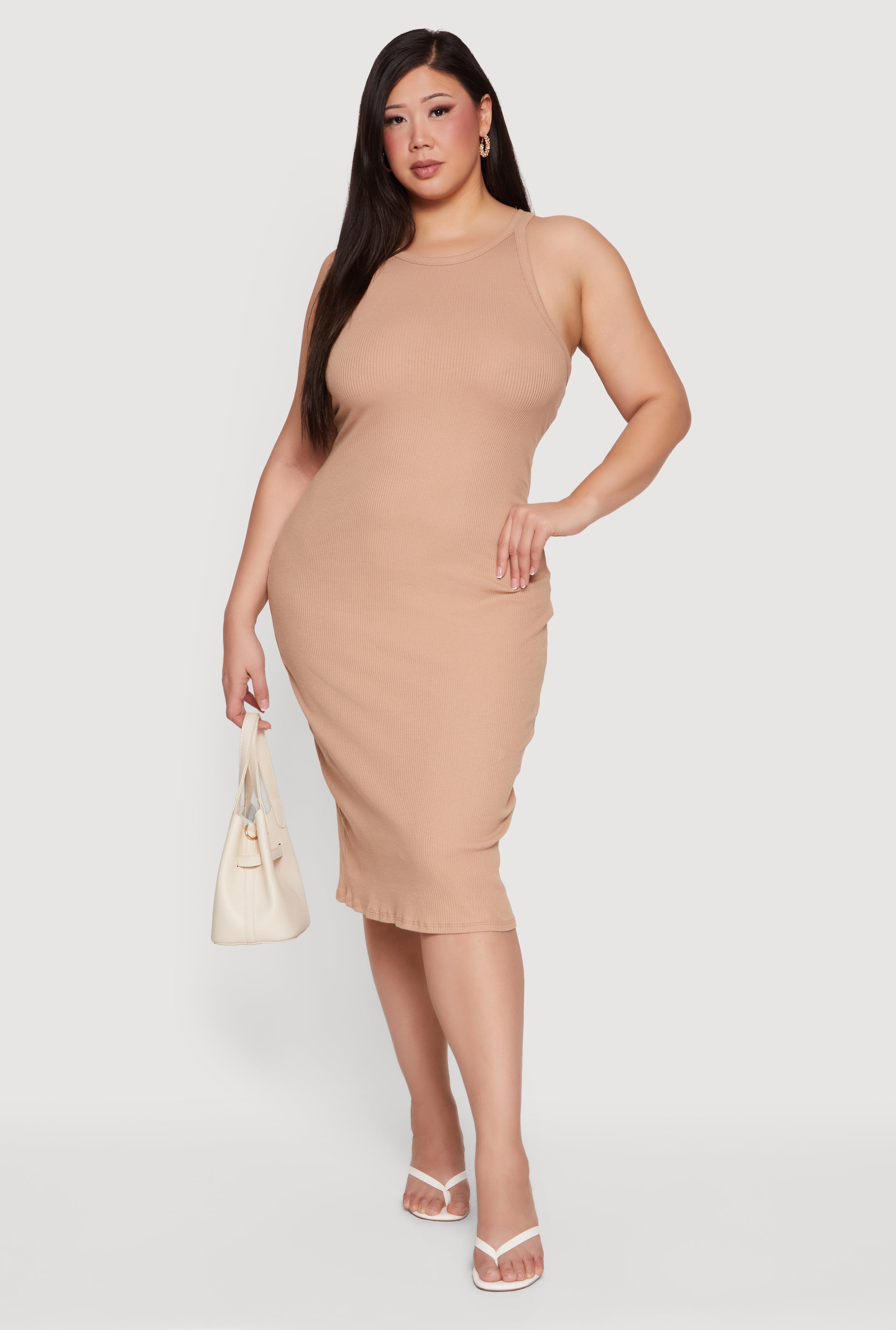 Plus Size Ribbed Knit Crew Neck Midi Tank Dress