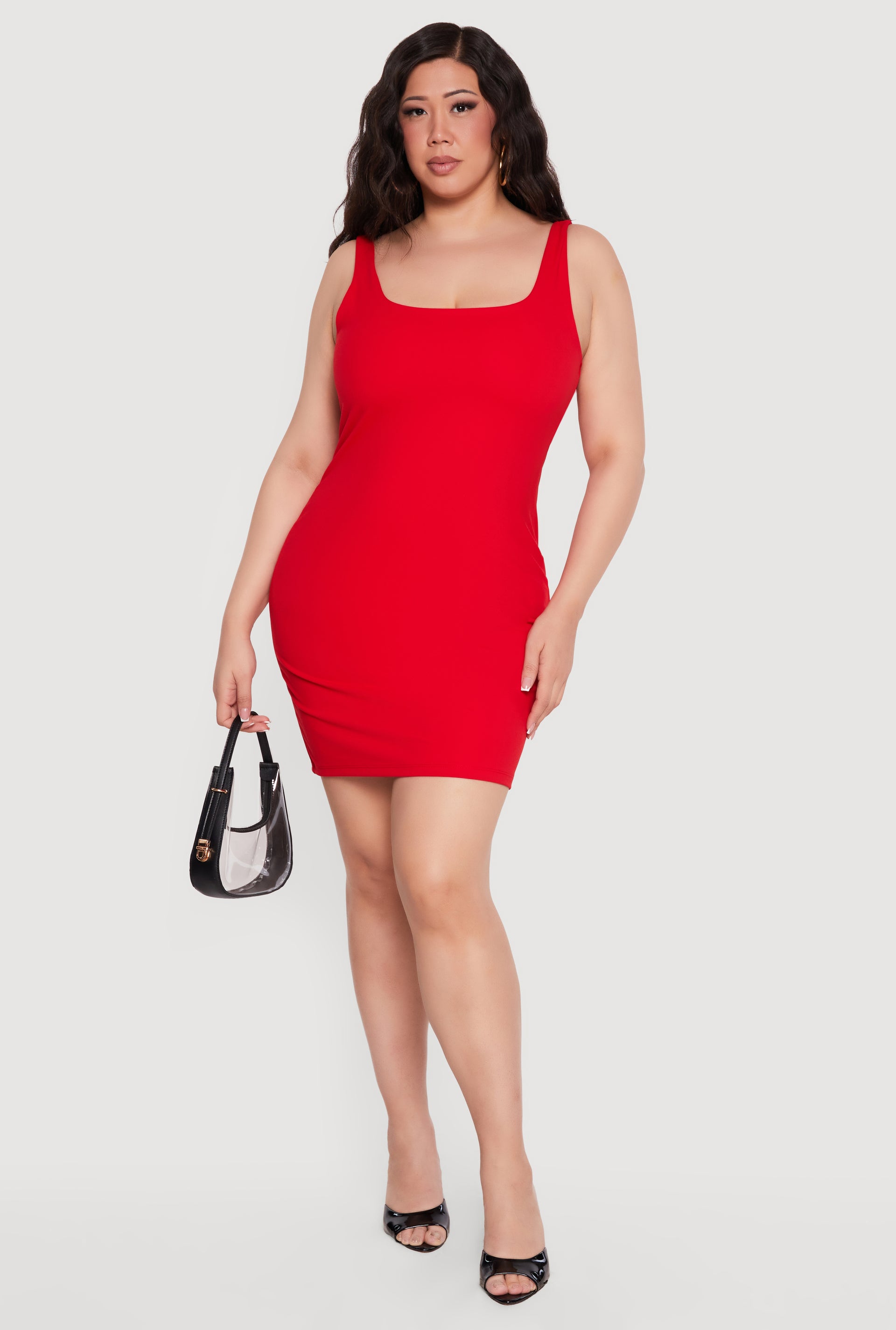 Womens Plus Size Soft Knit Square Neck Sleeveless Mini Dress, Red, Size 3X - Rainbow Shops