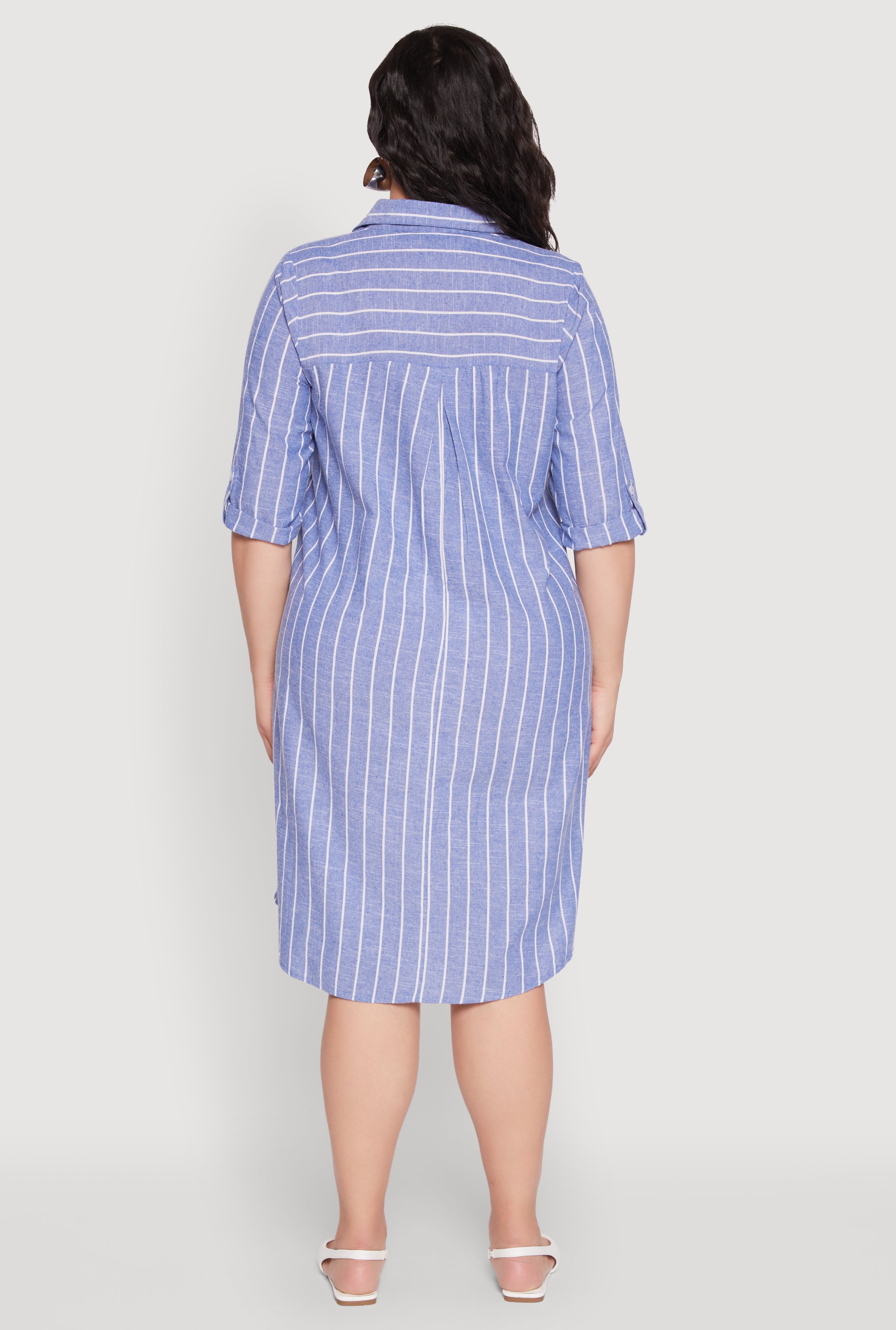 Plus Size Johnny Collar Striped Shirt Dress