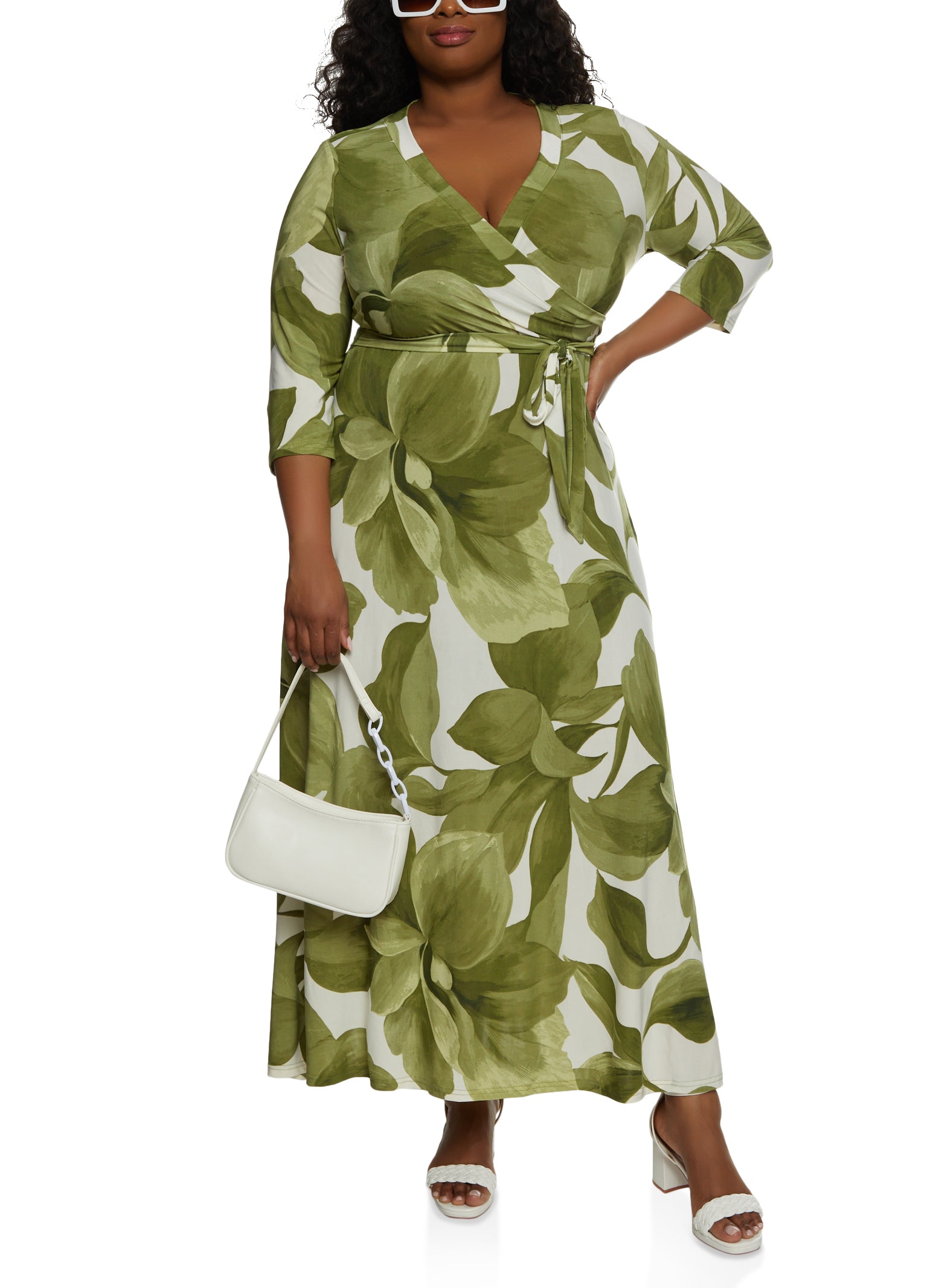 Plus Size Floral Faux Wrap Maxi Dress - Olive